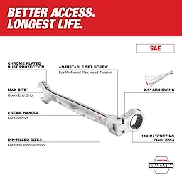 An image of a Milwaukee Max Bite wrench highlighting its features including chrome plated rust protection, adjustable set screw, I-beam handle, ink-filled sizes, 2.5-degree arc swing, and 144 ratcheting positions. The text "Better Access. Longest Life." and "Lifetime Guarantee" are displayed at the top and bottom.