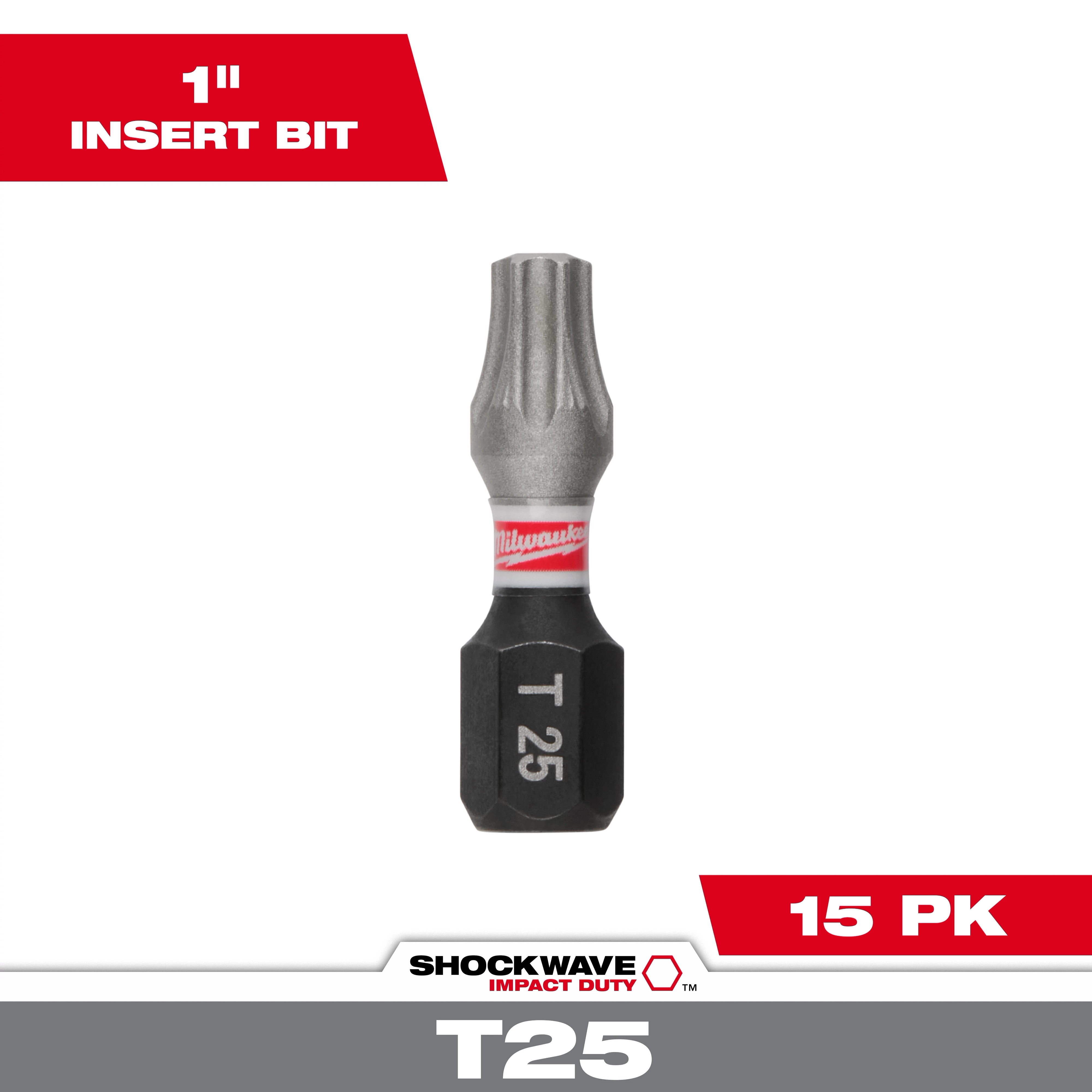 The image shows a SHOCKWAVE™ 1" T25 Impact Bit (15 Contractor PK) by Milwaukee. It features a T25 tip and a compact, durable design. The packaging emphasizes "1" Insert Bit" and "15 PK" in red banners. The brand logo and "T25" text are printed on the bit itself.