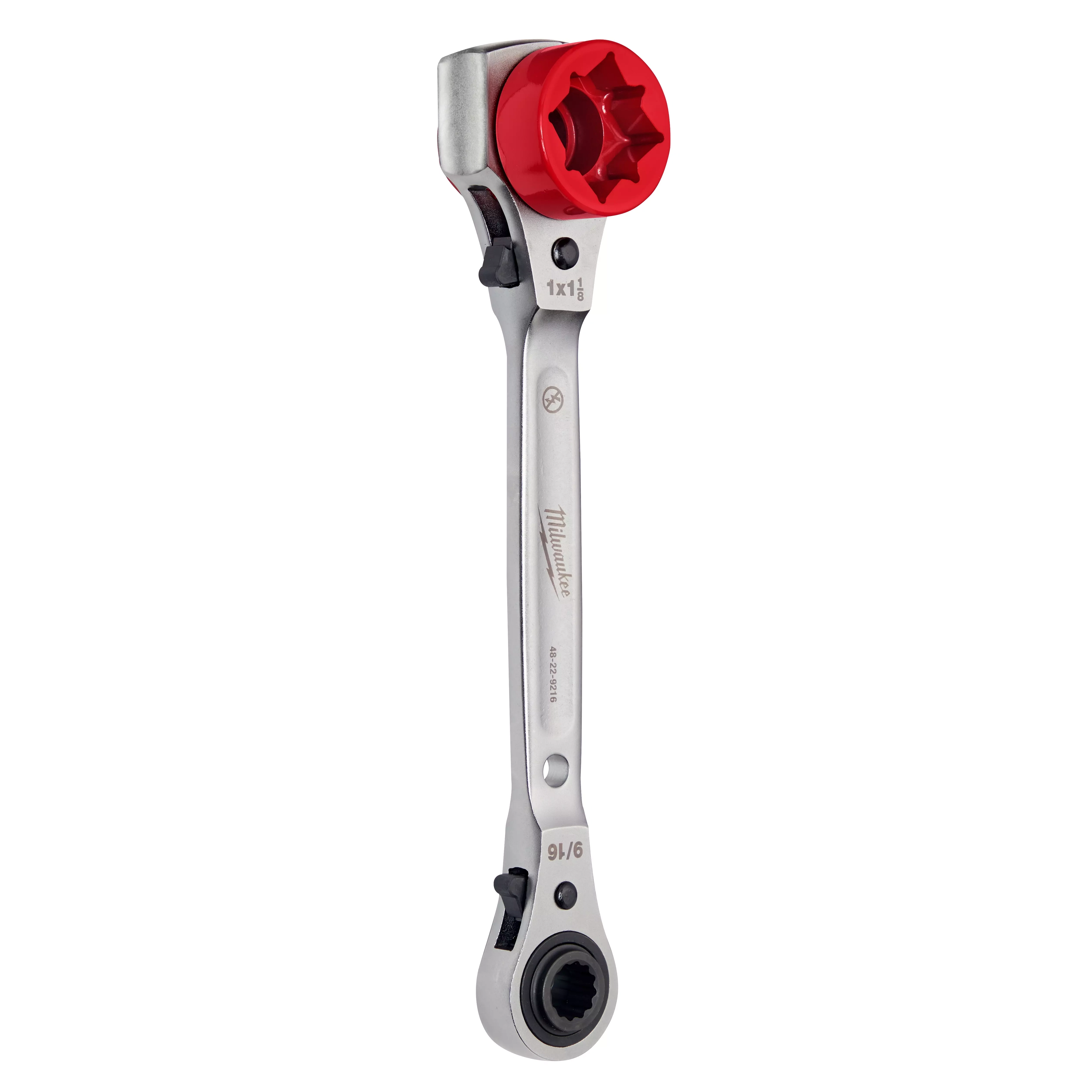 Lineman's 5in1 Ratcheting Wrench with silver body and red rotating head on top, designed for versatile and efficient use.