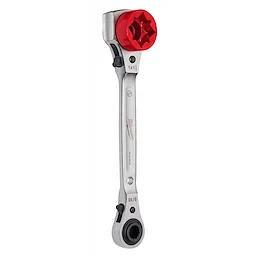 Lineman's 5in1 Ratcheting Wrench with silver body and red rotating head on top, designed for versatile and efficient use.