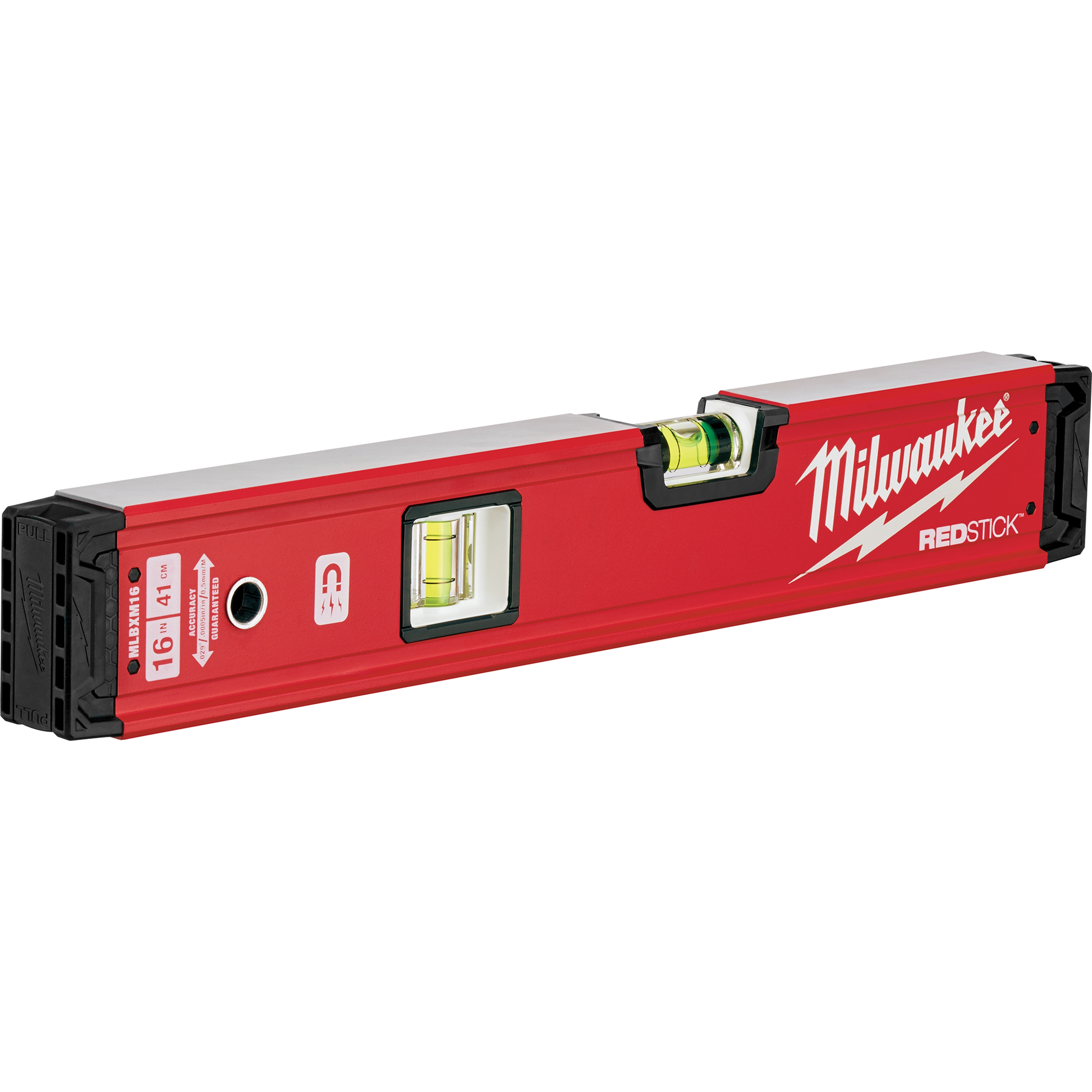 The image shows a bright red, rectangular REDSTICK Level with three visible vials and the Milwaukee logo on the side.