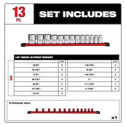 The image shows a 13-piece 1/2” Drive 12-Point SAE Socket Set. It includes sockets ranging from 3/8” to 1-1/8” in size, organized on a storage rail. The set includes a detailed list of each socket size with quantities.