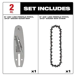 6" 3/8" Low Profile Pitch, .043" Gauge Saw Chain and Guide Bar Set includes 1 guide bar and 1 saw chain.