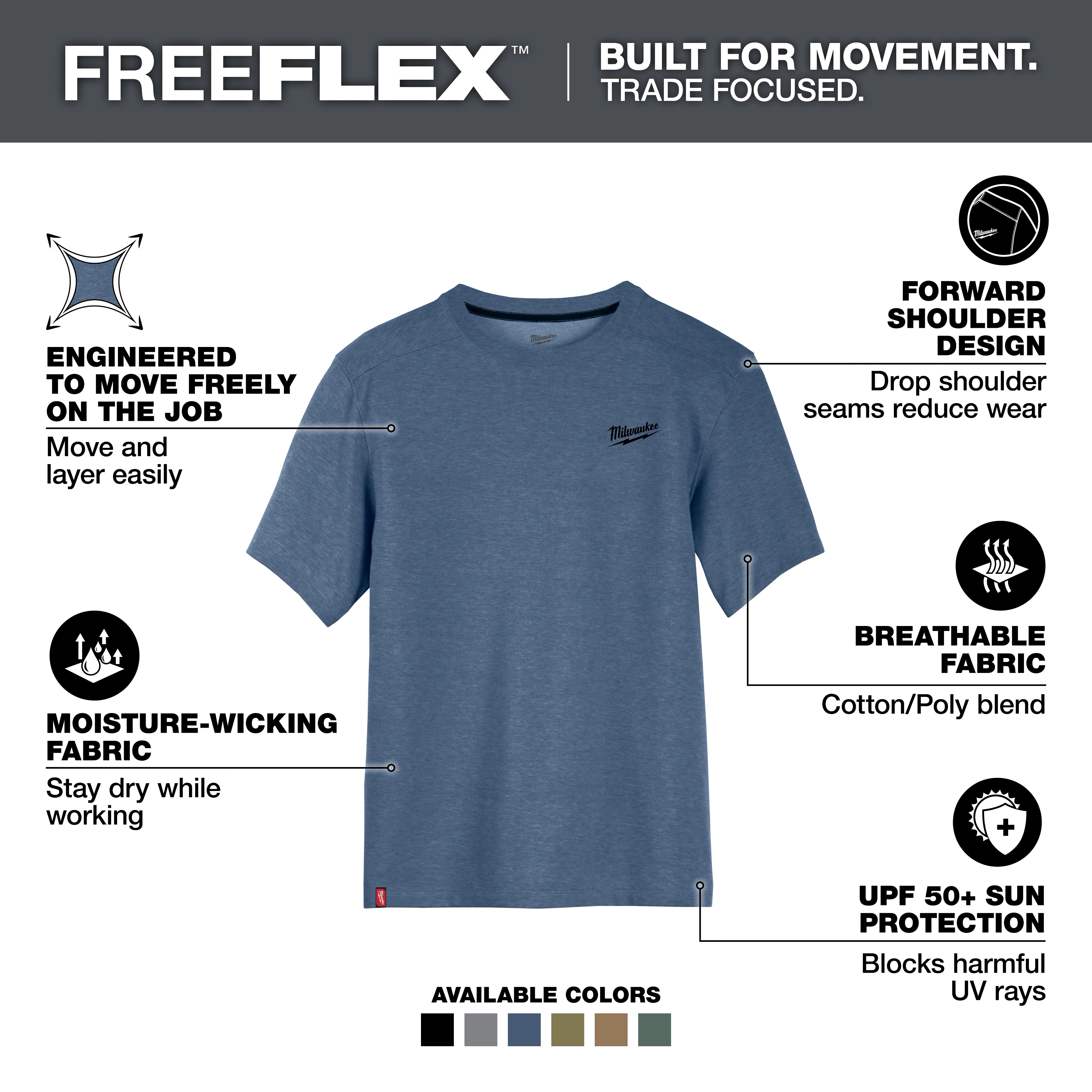 FREEFLEX Hybrid Work Tee - Short Sleeve in blue, features moisture-wicking, breathable fabric, forward shoulder design, and UPF 50+ protection.