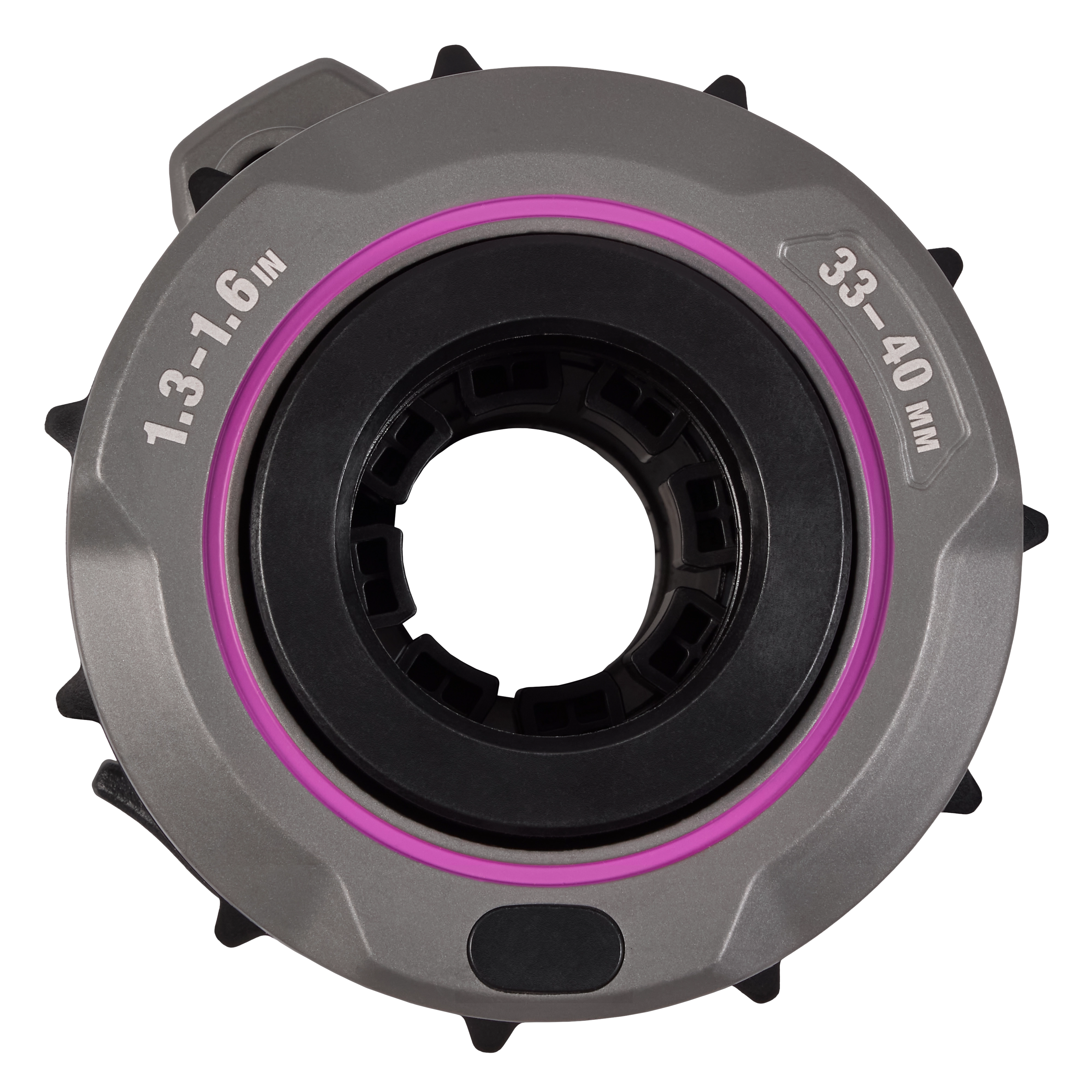 1.3" - 1.6" Adjustable Bushing for M18 FUEL™ Covered Conductor Cable Stripper in a circular, metallic design with a pink and black color scheme. The dimensions "33-40 mm" and "1.3-1.6 in" are marked on it.