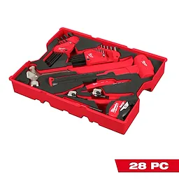 The 9pc Pliers & Wrench Set for PACKOUT Drawers is displayed in a red tray, containing various pliers, a wrench, and a measuring tape. The set is designed for efficient organization in PACKOUT drawers and includes 28 pieces in total.