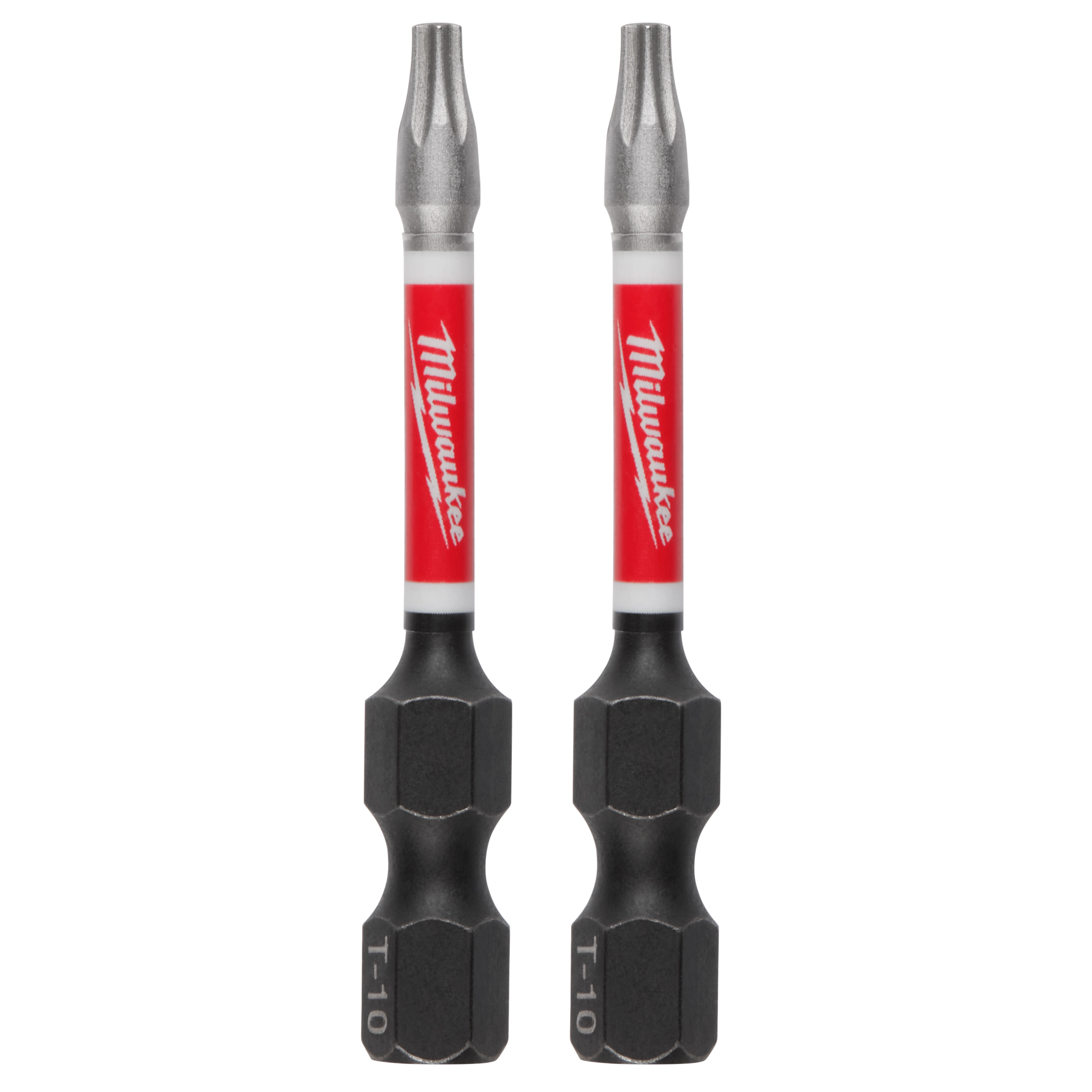 The image shows two SHOCKWAVE™ Impact Duty 2" T10 Bits (2 Pk) by Milwaukee. The bits are black with a red and white label, and they feature a torx head and reinforced middle section for durability.