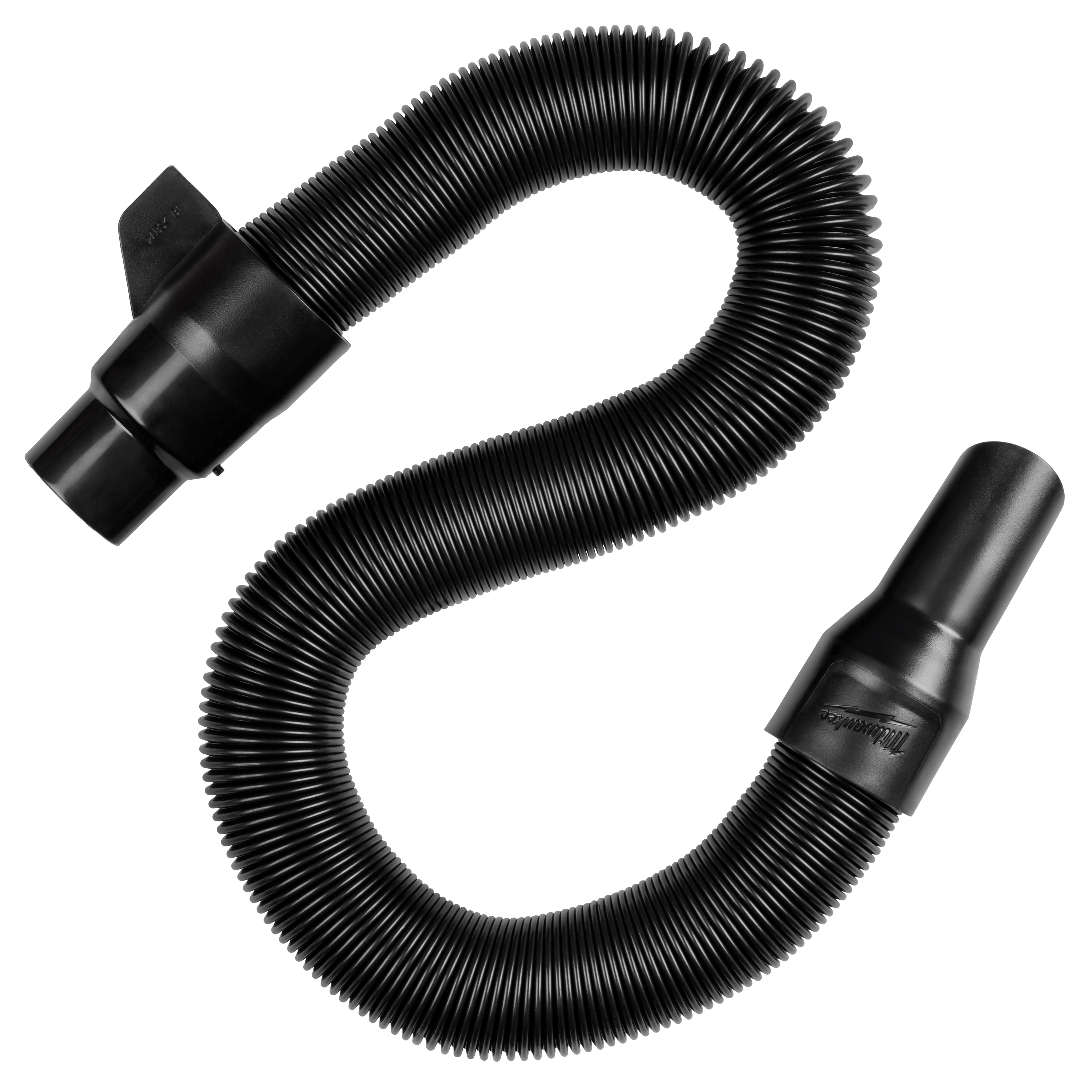 1-1/4” x 2’ to 6’ Expandable Hose in black, coiled in an S-shape, with ribbed surface and smooth connectors at each end.