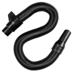 1-1/4” x 2’ to 6’ Expandable Hose in black, coiled in an S-shape, with ribbed surface and smooth connectors at each end.
