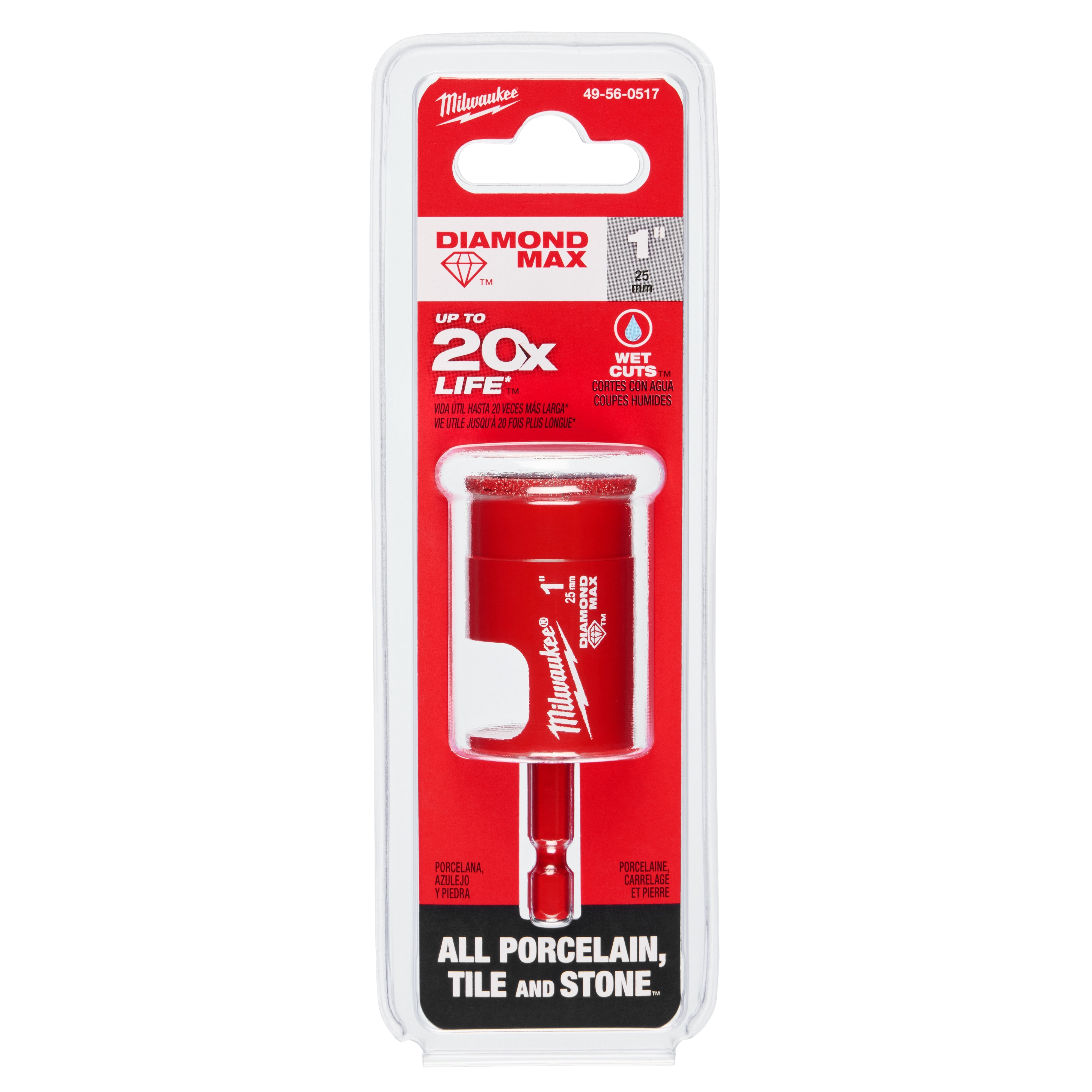 Milwaukee 1" Diamond Max Hole Saw in red and white packaging, suitable for cutting porcelain, tile, and stone, with up to 20x life.