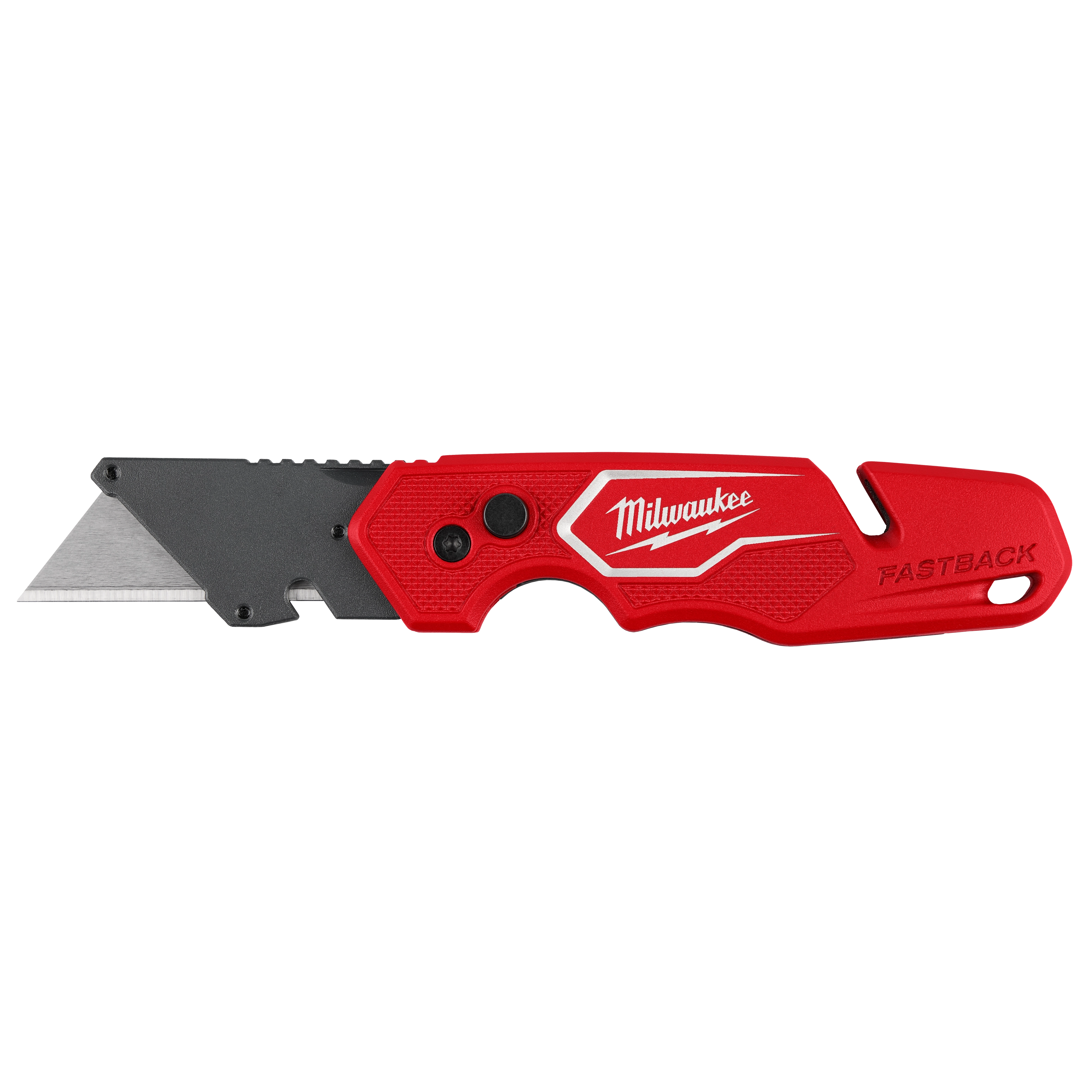 FASTBACK Folding Utility Knife with Blade Storage shown open with a visible metal blade and textured red handle.