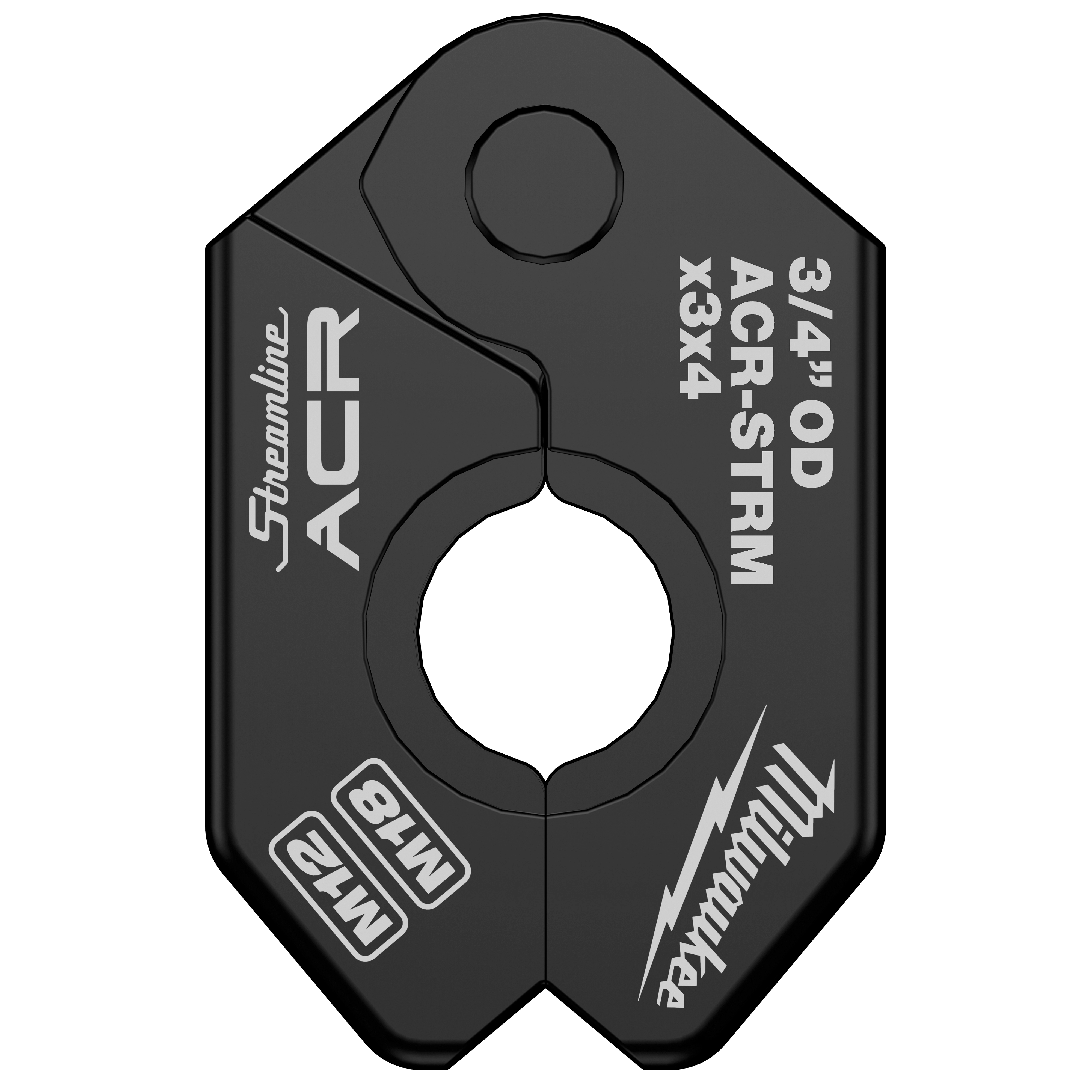 Milwaukee 3/4" Streamline® ACR Pivoting Press Ring is pictured. It is designed for 3/4" OD ACR tubing connections. The black tool has markings including "Streamline ACR," "3/4" OD ACR-STRM x3x4," and "Milwaukee M12." It features a circular opening and pivoting mechanism for efficient tube pressing.