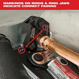 Mueller Streamline® ACR Pivoting Press Ring is shown in use, connected to a copper pipe. The press ring and ring jaws have markings that indicate correct pairing. The background shows part of a Milwaukee tool.