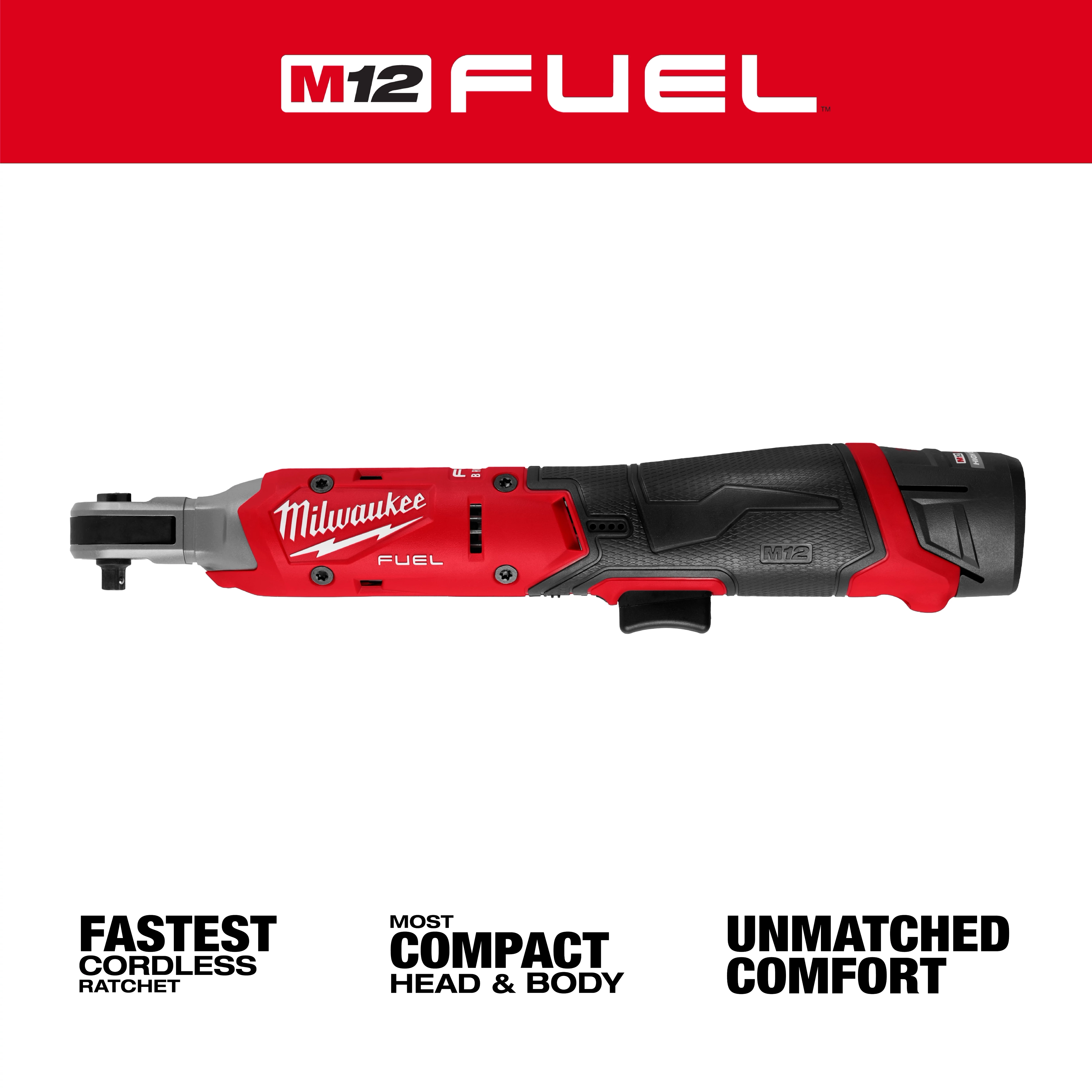 The Milwaukee M12 FUEL™ 1/4" Ratchet is a red and black cordless tool designed for speed, compact size, and comfort. The branding highlights it as the fastest in its category, featuring the most compact head and body, providing unmatched comfort.