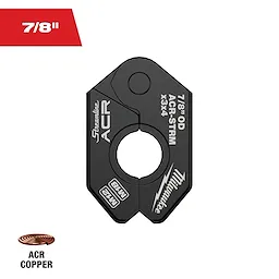 The image shows a 7/8" Streamline® ACR Pivoting Press Ring in black, with labels indicating it is for ACR copper. The ring features a central circular opening and multiple inscriptions around its outer edge, including "Milwaukee" and "M18."