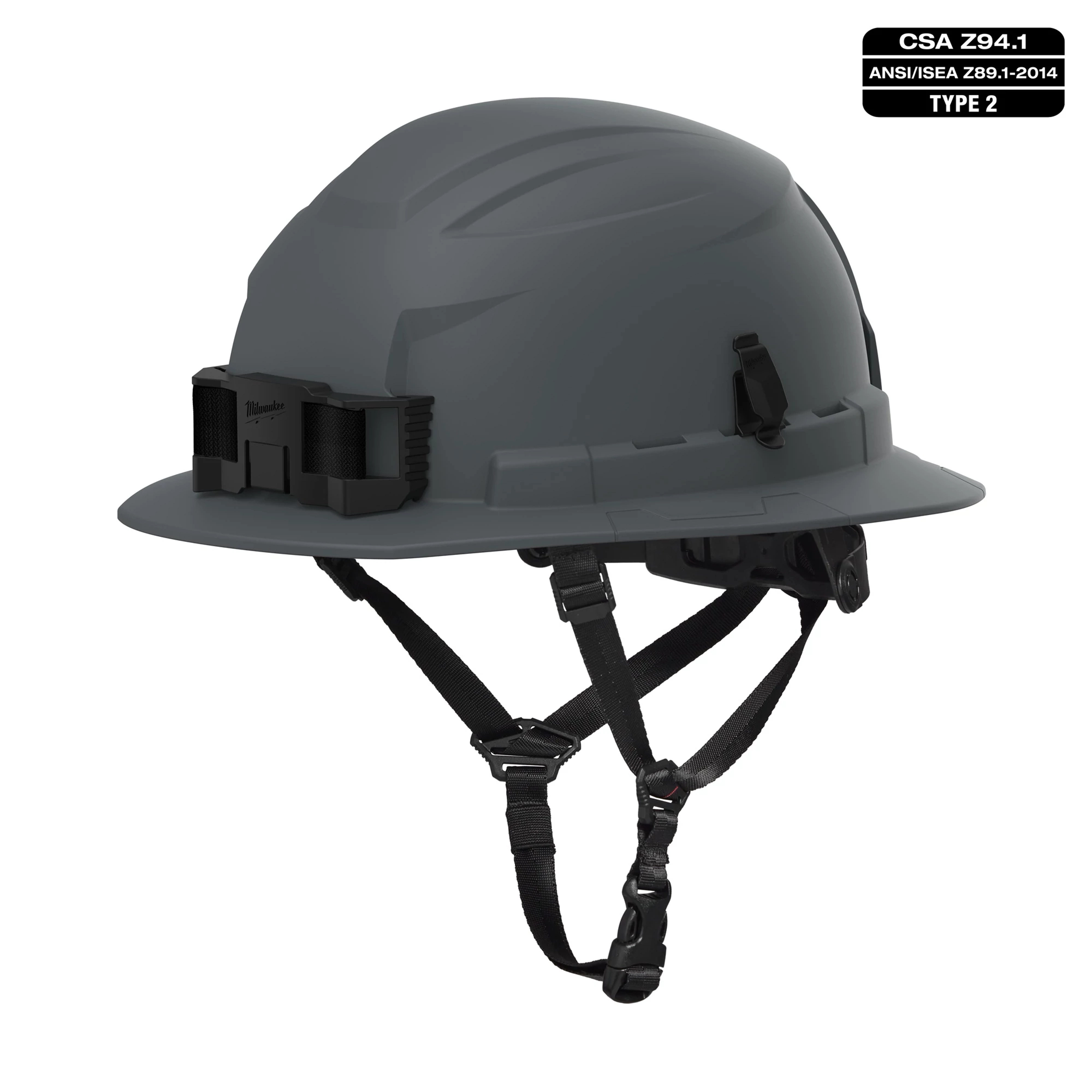 BOLT Grey Full Brim Safety Helmet with 4-point Ratcheting Suspension, Type 2, Class E. Includes adjustable straps and black attachments.
