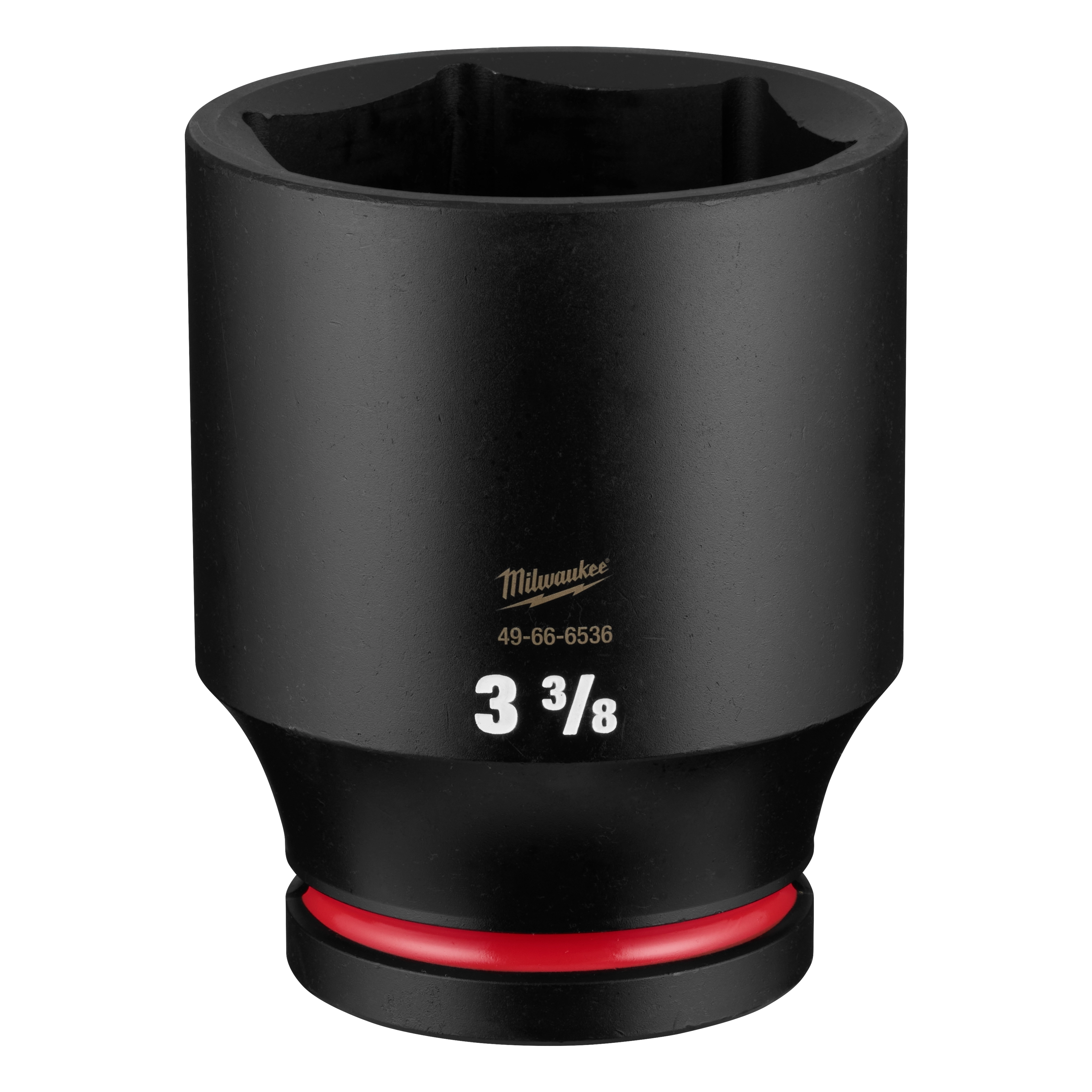 SHOCKWAVE Impact Duty 1" Drive 3-3/8" Deep 6 Point Socket standing upright with a red ring near the base.