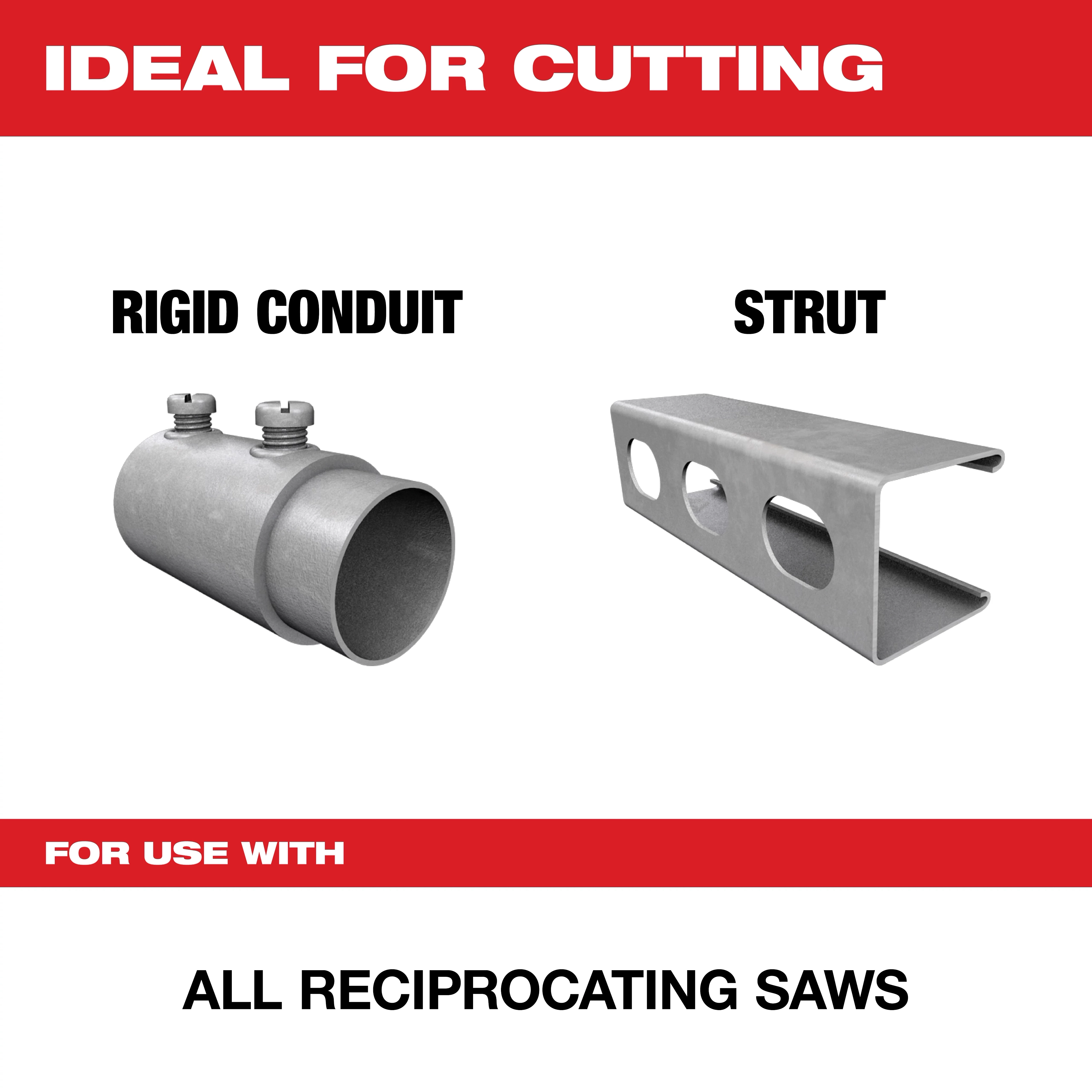 An advertisement highlighting that Diablo products are ideal for cutting rigid conduit and strut. The text emphasizes their compatibility with all reciprocating saws.