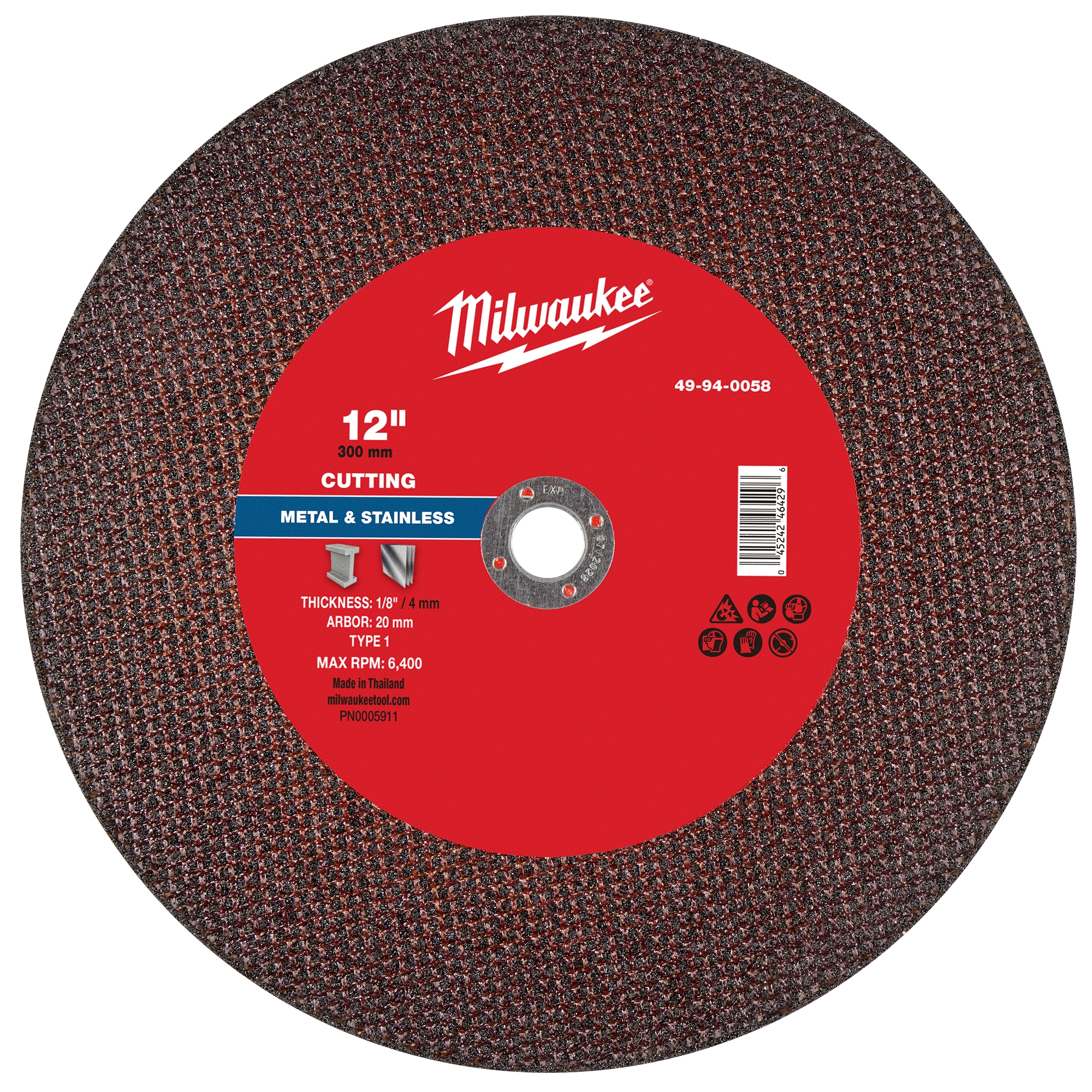 Milwaukee 12" x 3/8" x 20mm Metal Cut Off Wheel - Type 1, suitable for cutting metal and stainless, with a max RPM of 6,400.