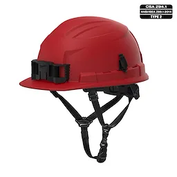 BOLT 4PT Red Front Brim Non-Vented Safety Helmet - Type 2, Class E. CSA Z94.1, ANSI/ISEA Z89.1-2014 certified. Adjustable straps.