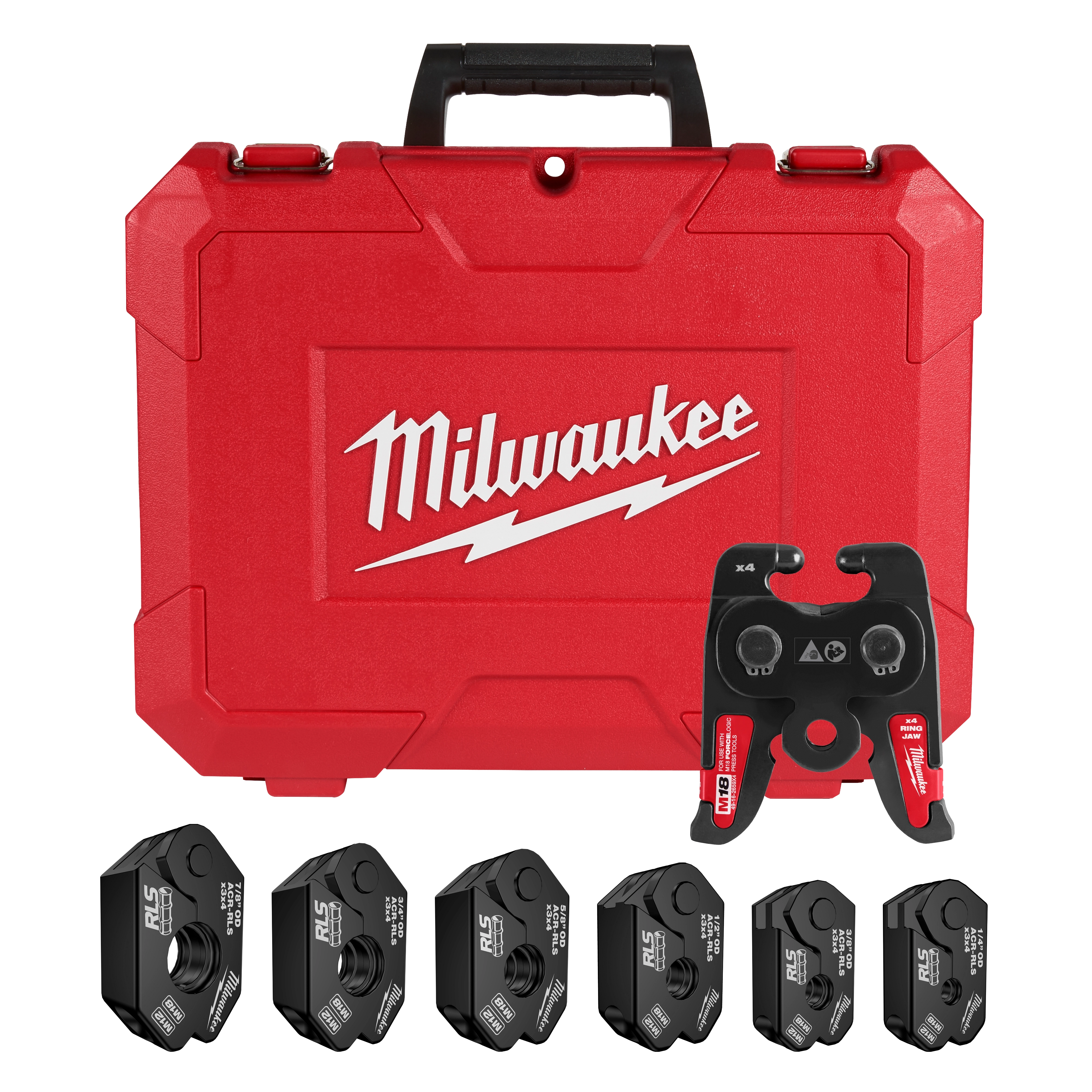 The 1/4" - 7/8" RLS® Pivoting Press Ring Kit for M18™ FORCE LOGIC™ Press Tool includes a red carrying case and six black press rings of varying sizes. The Milwaukee logo is prominently displayed on the case.
