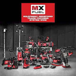 Various red and black Milwaukee MX FUEL power tools displayed with a sign above reading, "Equipment Redefined, Trade Focused, System Wide."