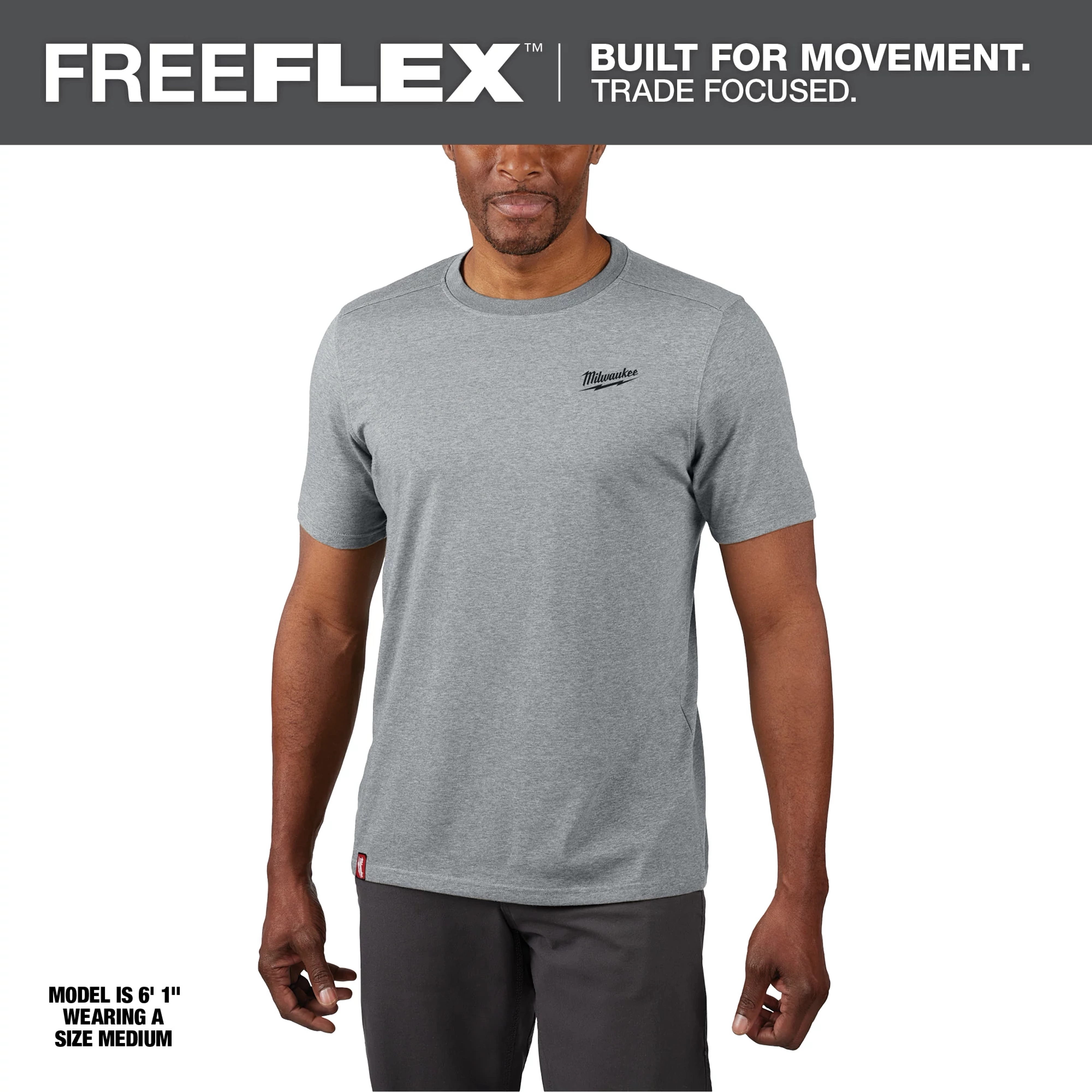 The Hybrid Work Tee - Short Sleeve - Gray Primary Image shows a man wearing a gray short-sleeve shirt with a crew neck.