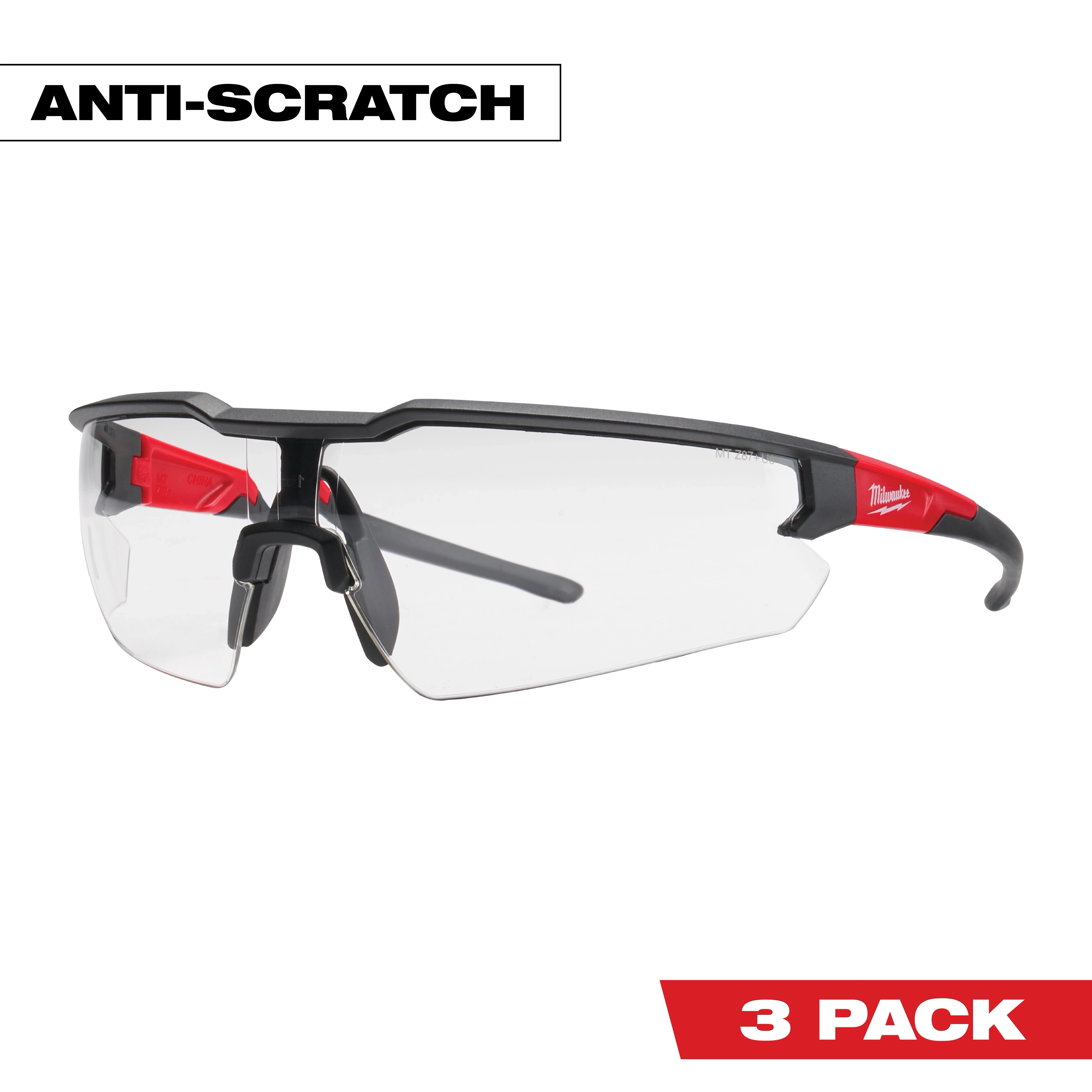 Safety Glasses with Anti-Scratch Lenses in a 3 Pack. Clear lenses in a black and red frame. Text reads "ANTI-SCRATCH" and "3 PACK."