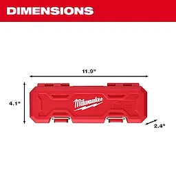 Red carrying case for 3/8” Drive Click Torque Wrench (50-250 in·lbf) measures 11.8" long, 4" wide, and 2.4" tall, featuring latch closures.
