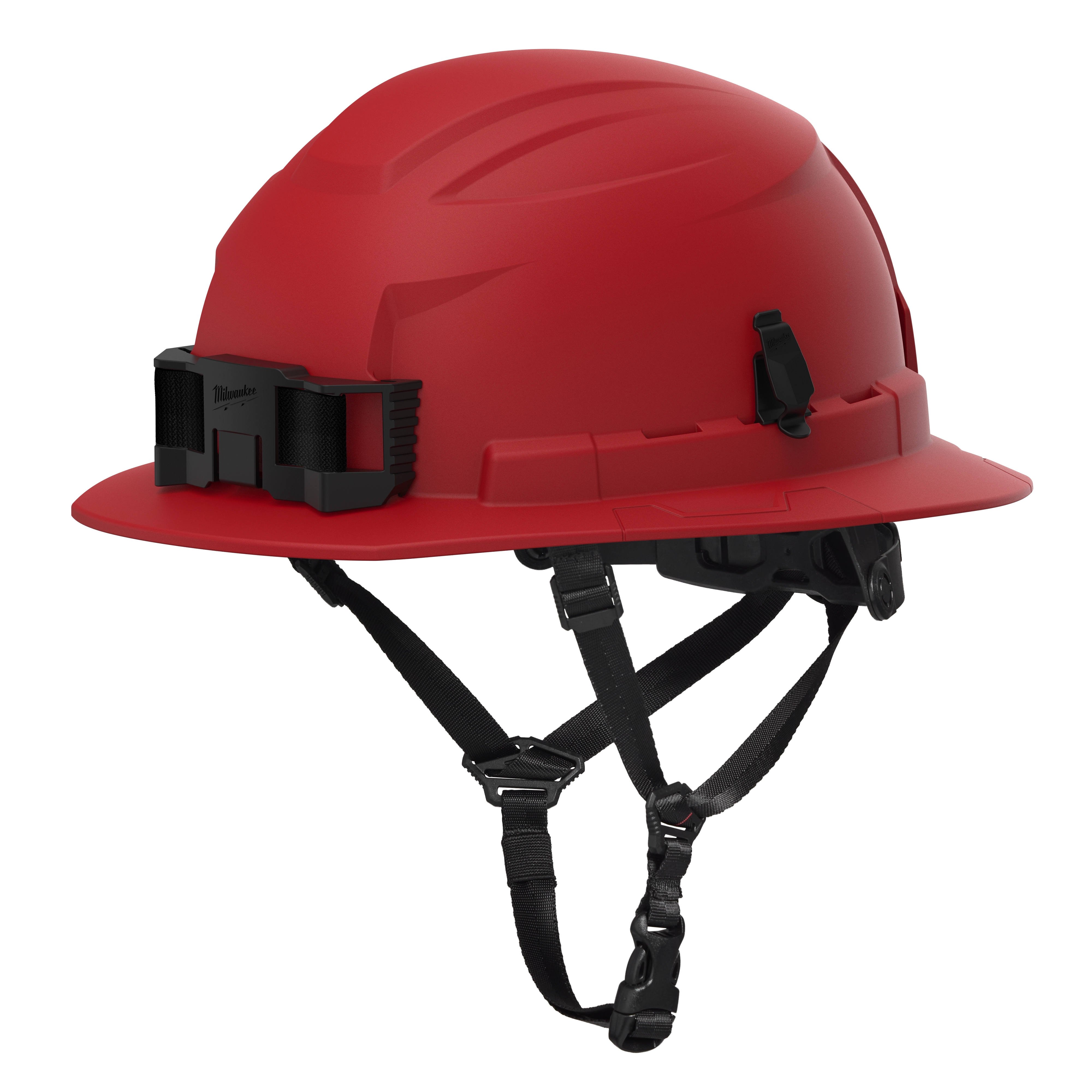 The BOLT™ Red Full Brim Safety Helmet Type 2, Class E features a 4-point ratcheting suspension system for secure fit. It has a red hard shell, integrated headlamp clips, and adjustable chin straps for additional safety. Suitable for high-risk work environments, providing reliable head protection.