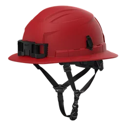 The BOLT™ Red Full Brim Safety Helmet Type 2, Class E features a 4-point ratcheting suspension system for secure fit. It has a red hard shell, integrated headlamp clips, and adjustable chin straps for additional safety. Suitable for high-risk work environments, providing reliable head protection.
