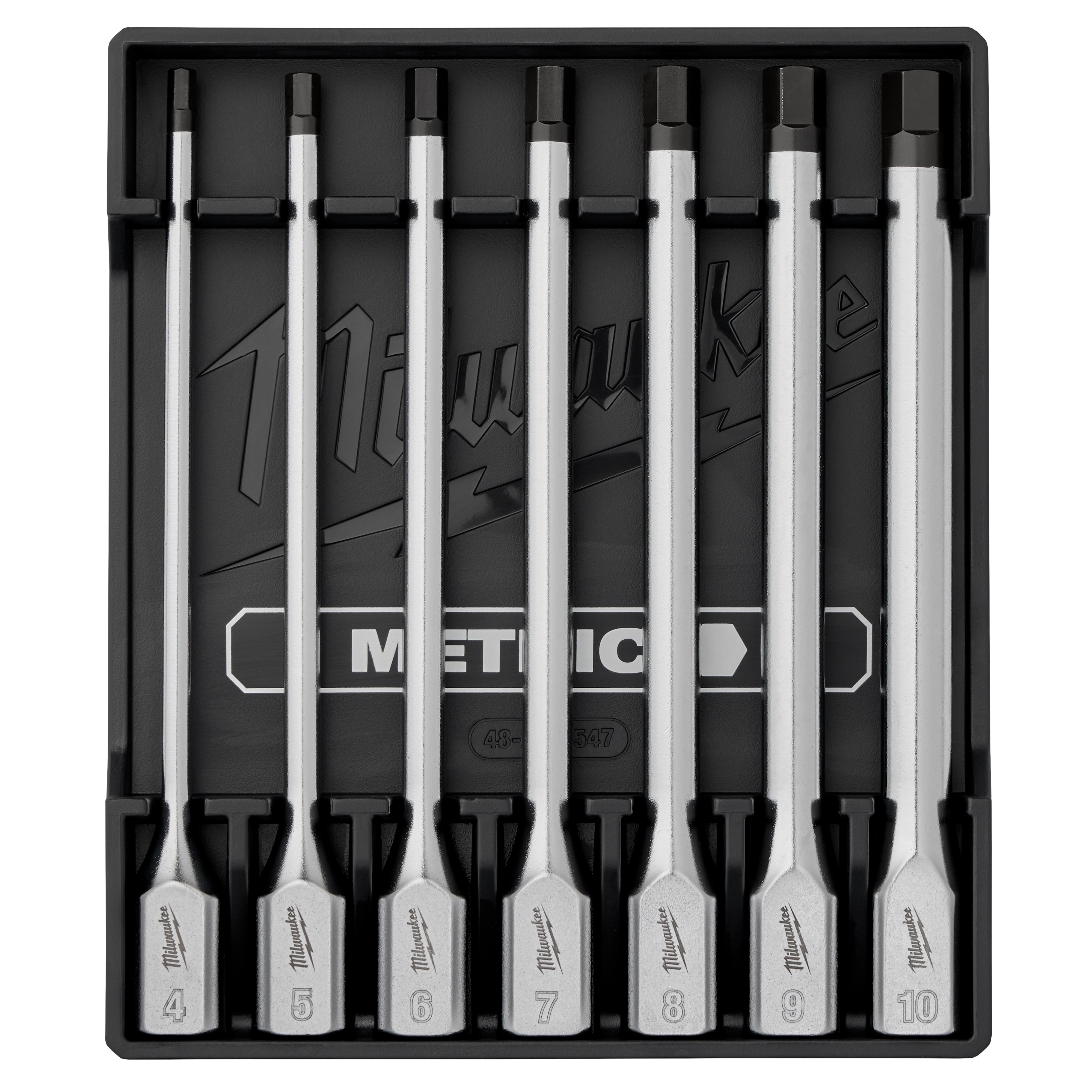 The 7pc 3/8” Drive Long Hex Bit Socket Set - Metric includes seven stainless steel hex bit sockets in sizes 4 to 10 millimeters. Each piece is securely housed in a labeled black case.