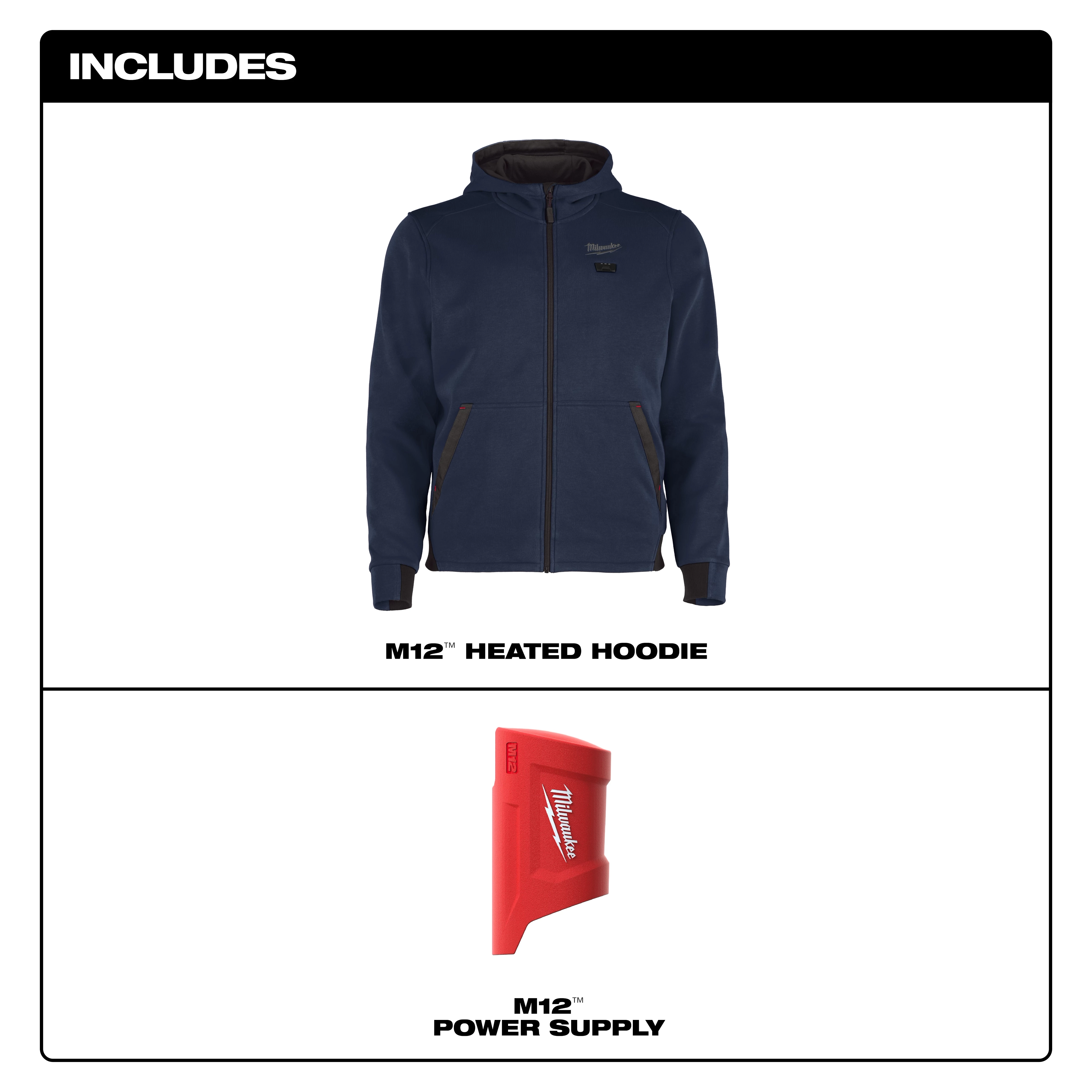 The image includes a Milwaukee M12™ Heated Hoodie in dark blue with a front zipper and pockets, alongside an M12™ Power Supply unit in red.