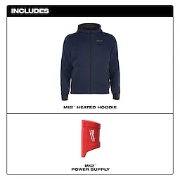 The image includes a Milwaukee M12™ Heated Hoodie in dark blue with a front zipper and pockets, alongside an M12™ Power Supply unit in red.