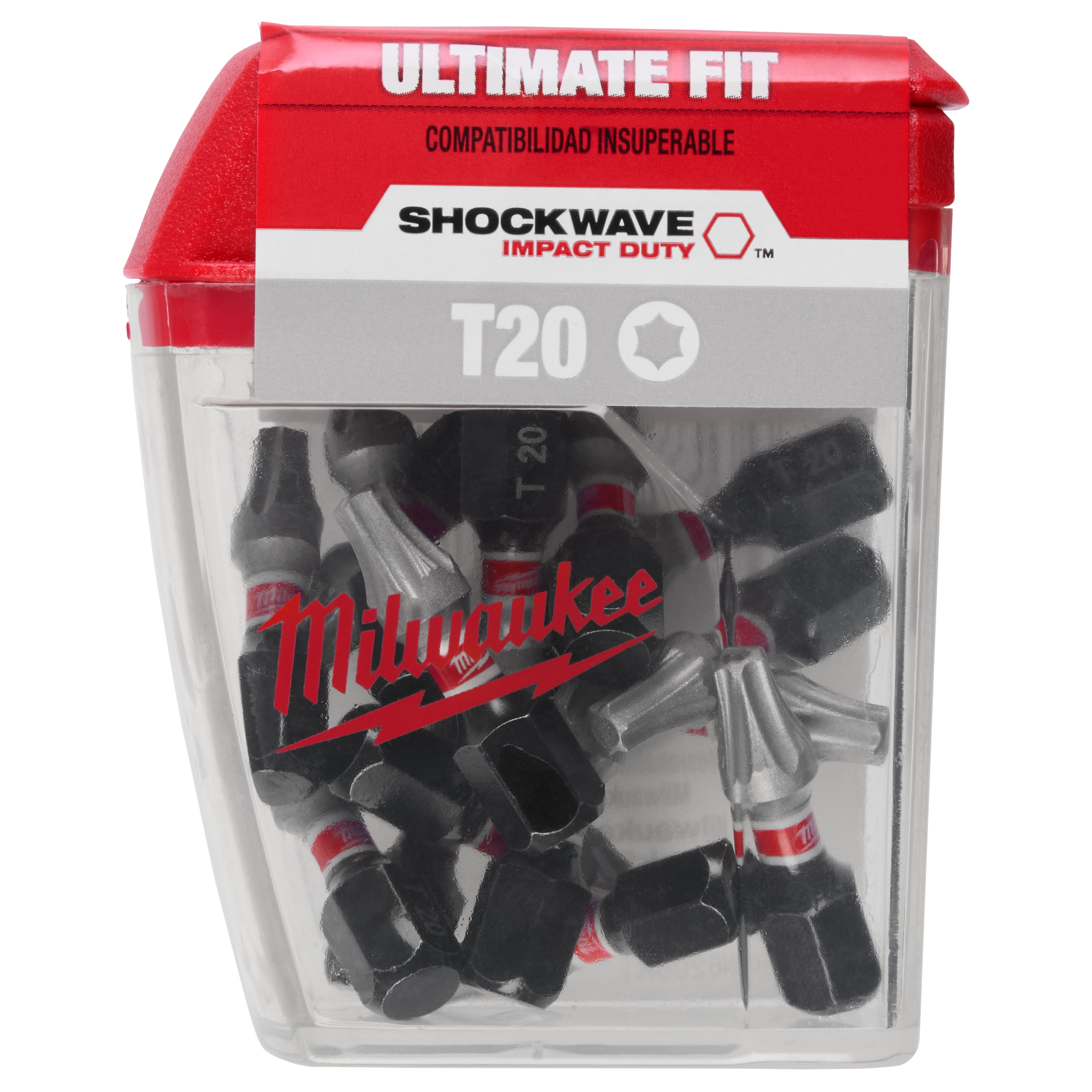 The image shows a pack of SHOCKWAVE™ 1" T20 Impact Bits (15 Contractor PK) from Milwaukee. The container is transparent, displaying the bits inside, with branding and product information clearly visible on the packaging.
