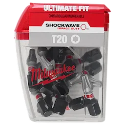 The image shows a pack of SHOCKWAVE™ 1" T20 Impact Bits (15 Contractor PK) from Milwaukee. The container is transparent, displaying the bits inside, with branding and product information clearly visible on the packaging.