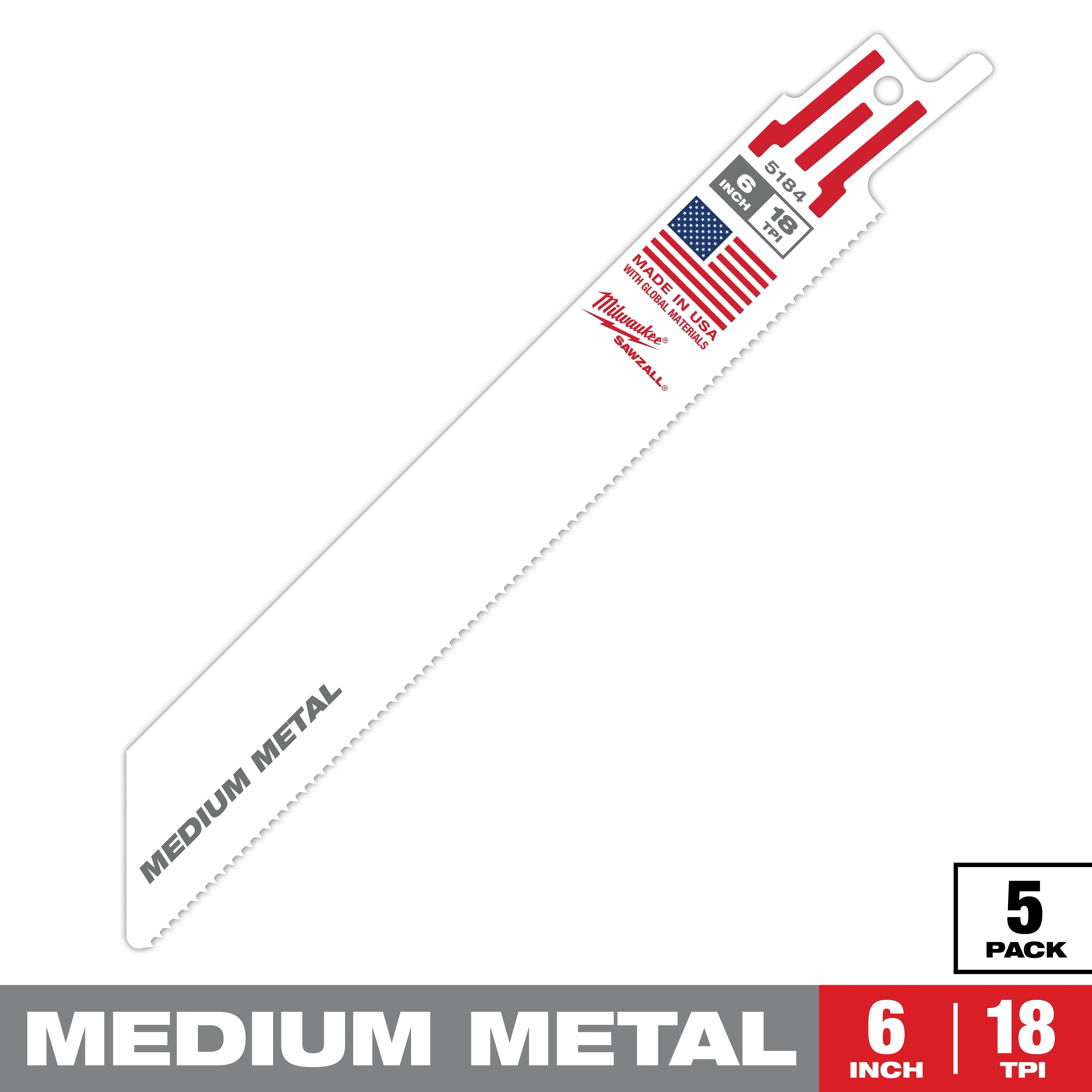 Milwaukee reciprocating saw blade for cutting medium metal. This pack includes five 6-inch blades with 18 teeth per inch. The blade is white with red and black text, featuring the American flag and "Made in USA" marking. Suitable for medium metal cutting tasks.