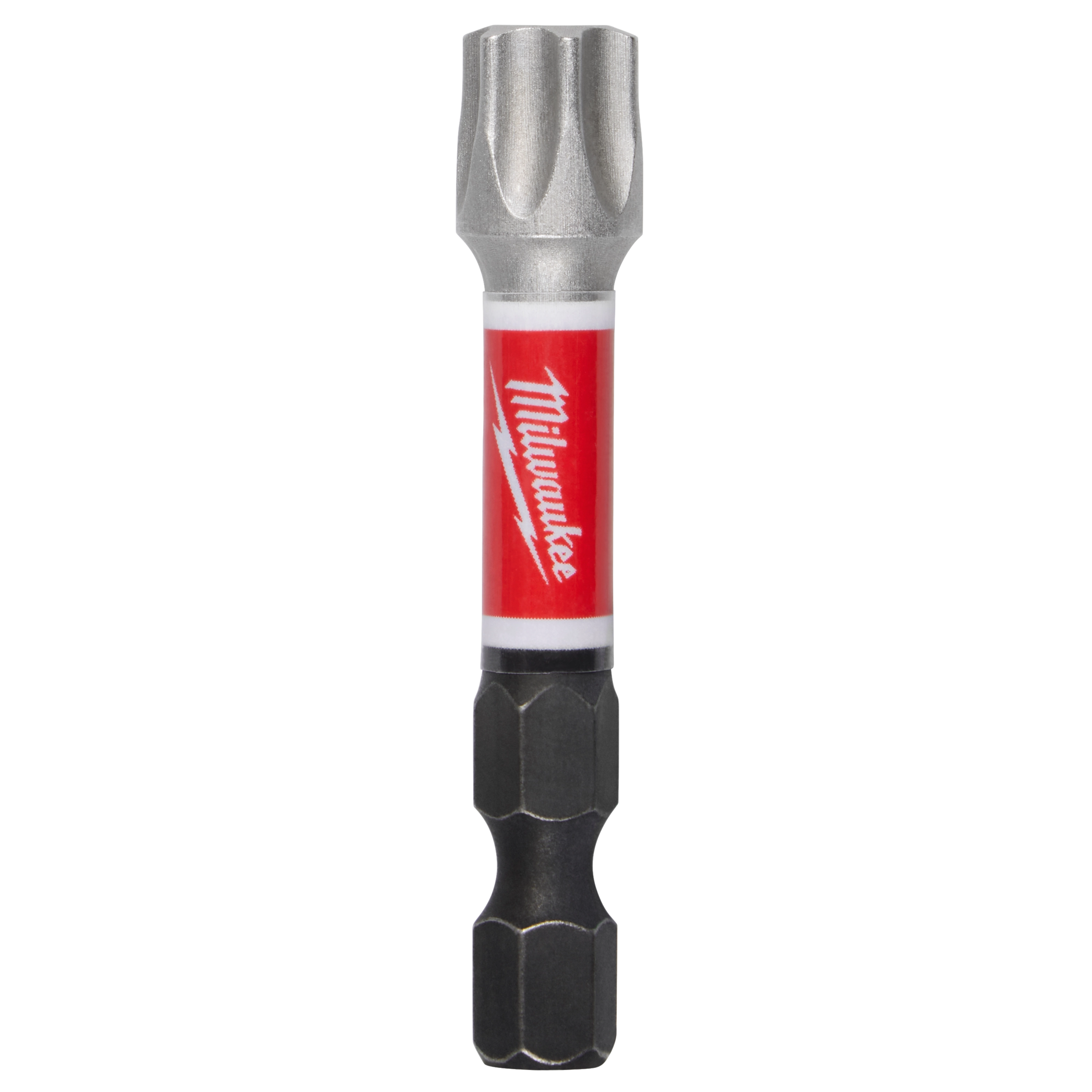 This image shows a Milwaukee brand drill bit with a red and white label on the shaft. The shaft has grooved sections for grip, and the tip has a star-shaped head for screws.