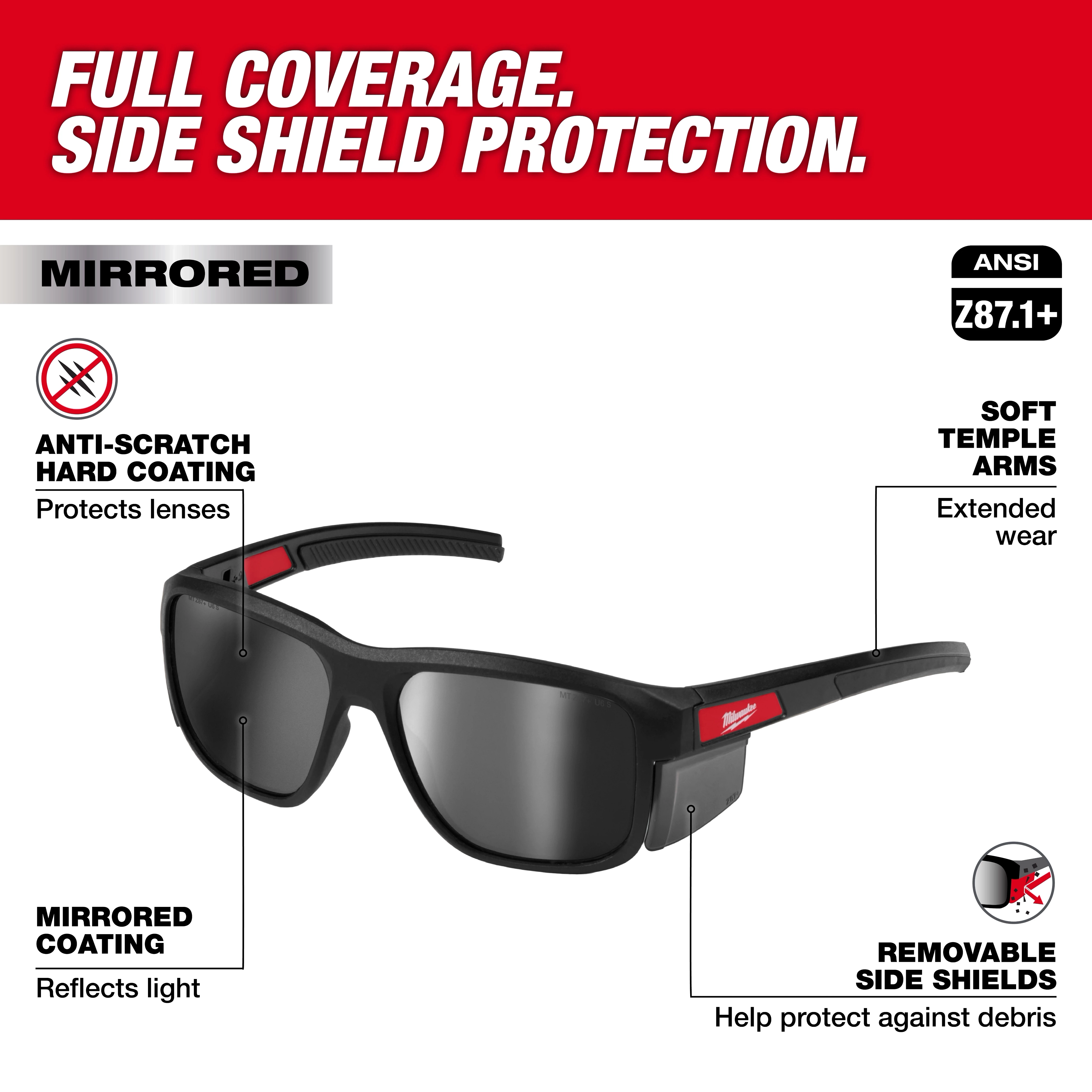 Full Frame Safety Glasses with Removable Side Shields, Silver Mirrored Anti-Scratch Lenses. Features mirrored coating, soft temple arms, and ANSI Z87.1+ compliance.