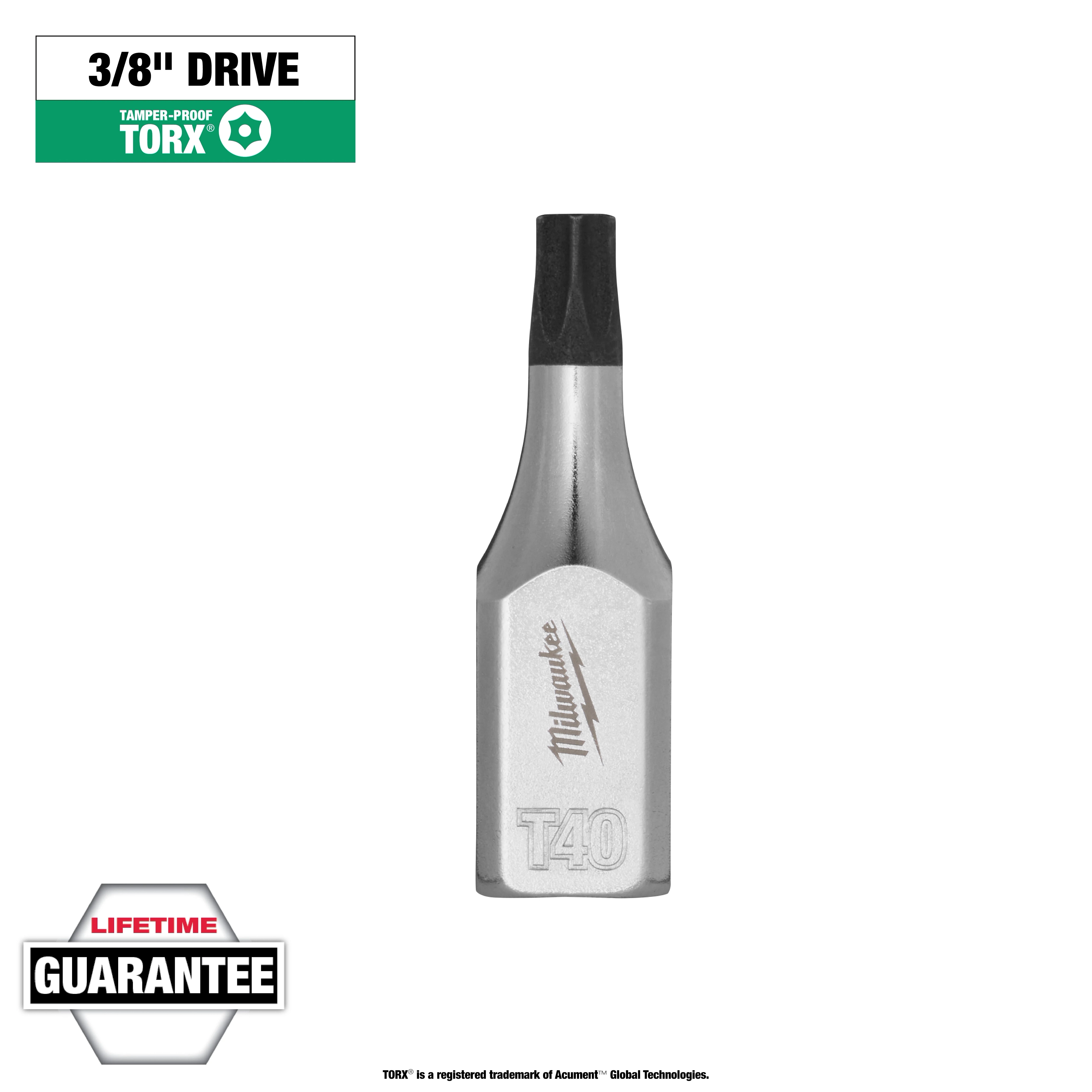 Quarter-inch drive T40 tamper-proof TORX bit socket with a lifetime guarantee. The bit is silver with black engraving and a black tip.