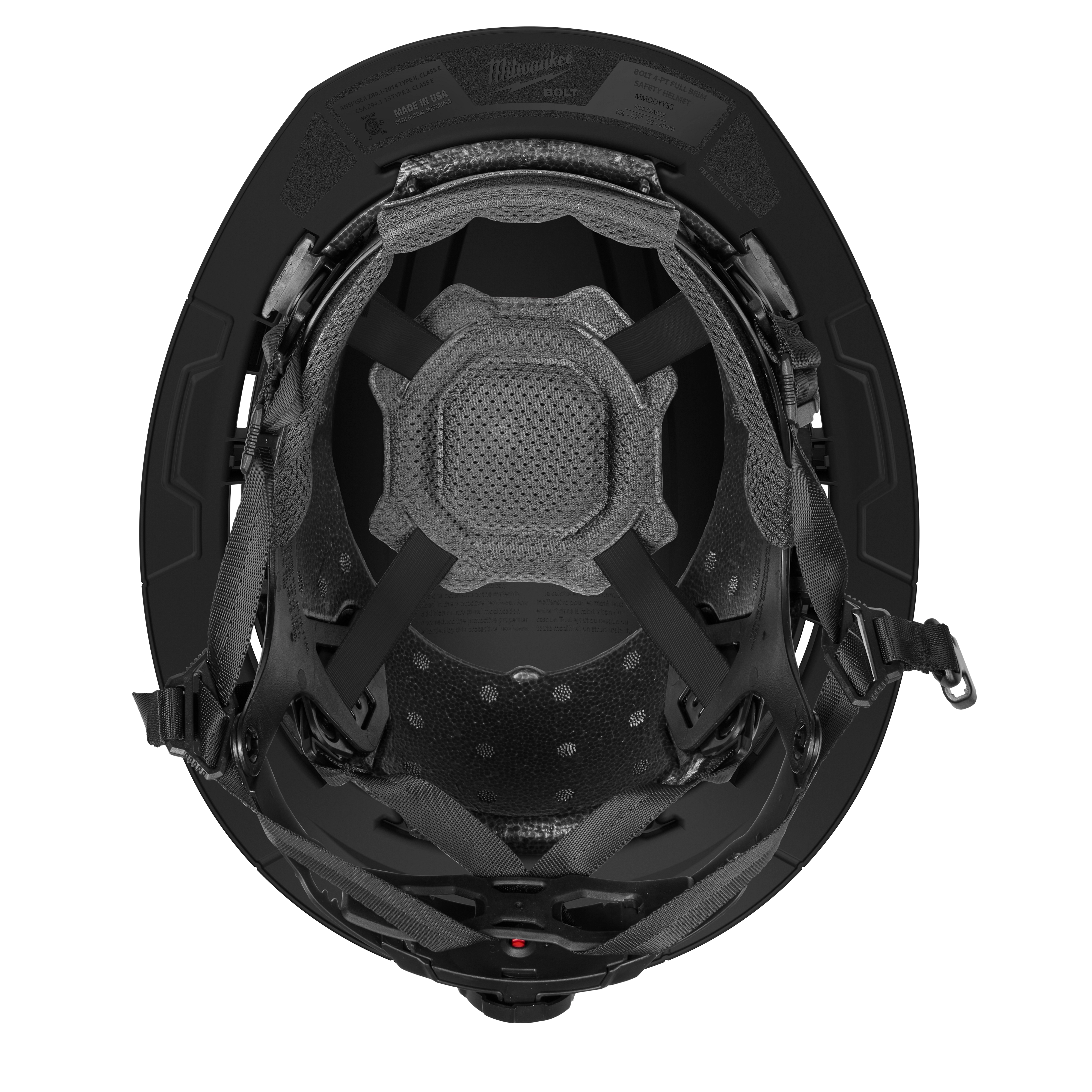 The BOLT™ Black Full Brim Safety Helmet w/ 4pt Ratcheting Suspension – Type 2, Class E features a sturdy design with a full brim for added protection. The interior showcases a ratcheting suspension system and padded support, providing comfort and a secure fit for users in construction and industrial environments.