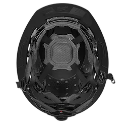 The BOLT™ Black Full Brim Safety Helmet w/ 4pt Ratcheting Suspension – Type 2, Class E features a sturdy design with a full brim for added protection. The interior showcases a ratcheting suspension system and padded support, providing comfort and a secure fit for users in construction and industrial environments.