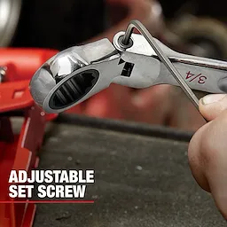 A hand holding a 3/4-inch ratchet wrench adjusts an Allen screw. Text in the image reads "Adjustable Set Screw." In the background, there is a red tool case. This image depicts Mechanic Hand Tools.