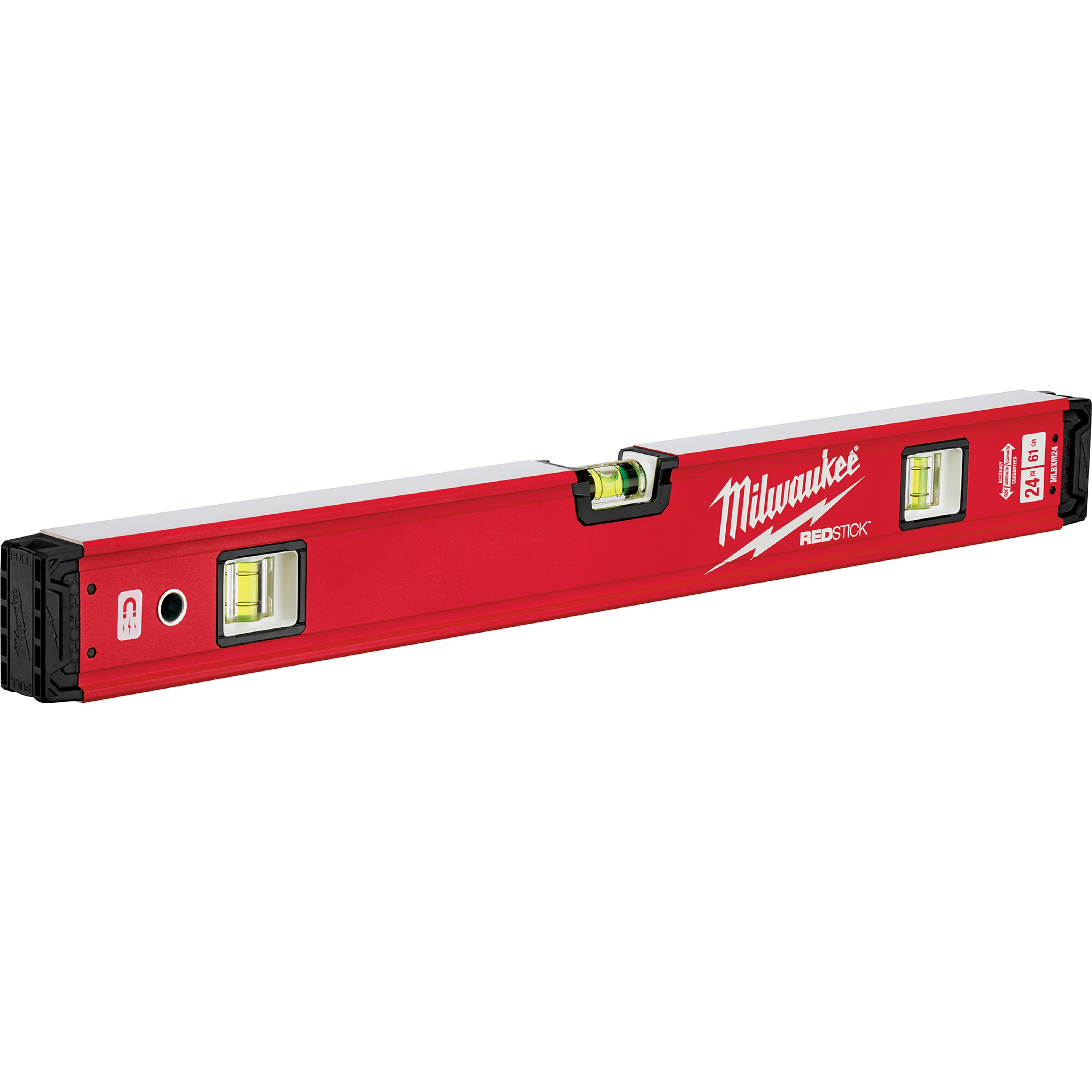Milwaukee REDSTICK Level featuring a red body with three bubble vials and black end caps, used for measuring and leveling surfaces.