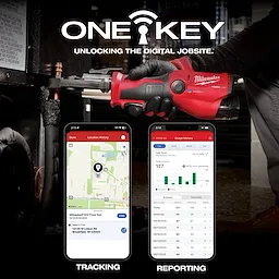 M12 FORCE LOGIC Press Tool Kit w/ ONE-KEY shown in use, with smartphone screens displaying tracking and reporting features.