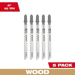 Set of five 4-inch 10 TPI T-Shank wood high carbon steel jig saw blades. The image emphasizes "Wood" and "5 Pack."