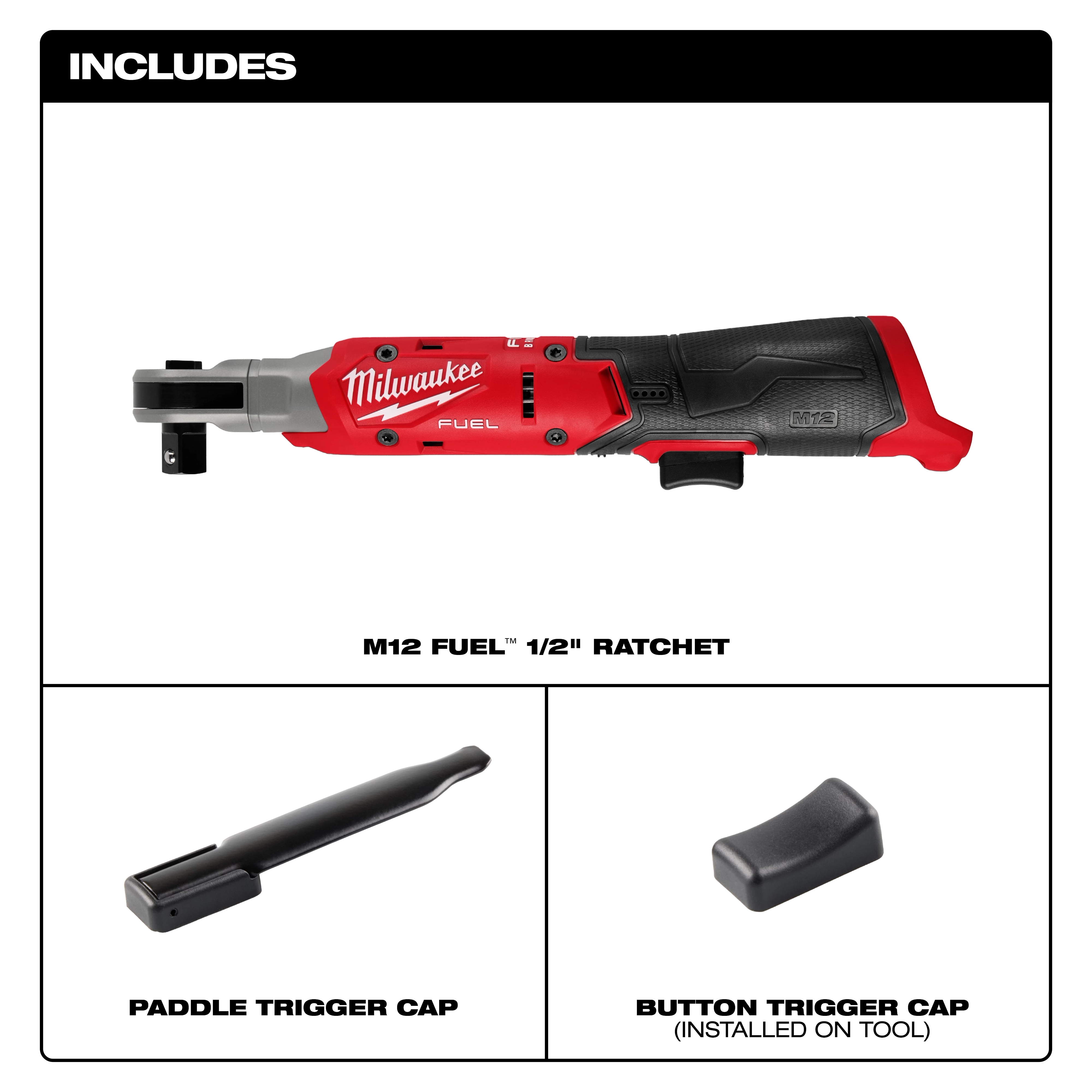 The image features the M12 FUEL™ 1/2" Ratchet by Milwaukee, including a paddle trigger cap and a button trigger cap (installed on the tool). The ratchet is red and black, with ergonomic design elements for ease of use.