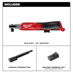 The image features the M12 FUEL™ 1/2" Ratchet by Milwaukee, including a paddle trigger cap and a button trigger cap (installed on the tool). The ratchet is red and black, with ergonomic design elements for ease of use.