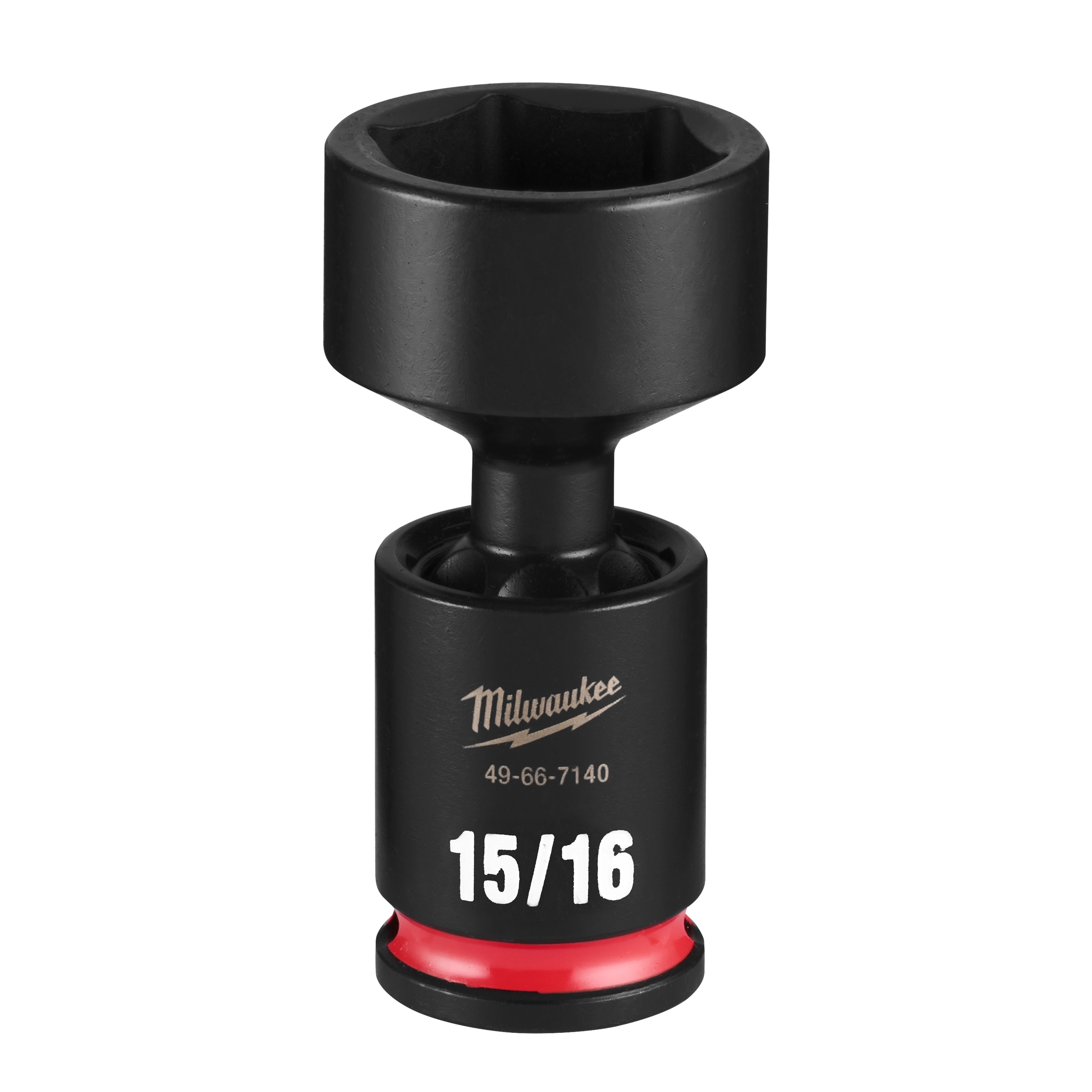 Black SHOCKWAVE Impact Duty 3/8" Drive 15/16" Standard Swivel Socket with white size text and red ring.