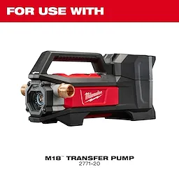 Milwaukee M18 Transfer Pump 2771-20 is a black and red portable water transfer pump featuring brass inlet and outlet connectors, a handle for easy carrying, and robust construction designed for efficient fluid movement. The product name and model number are displayed below the pump.